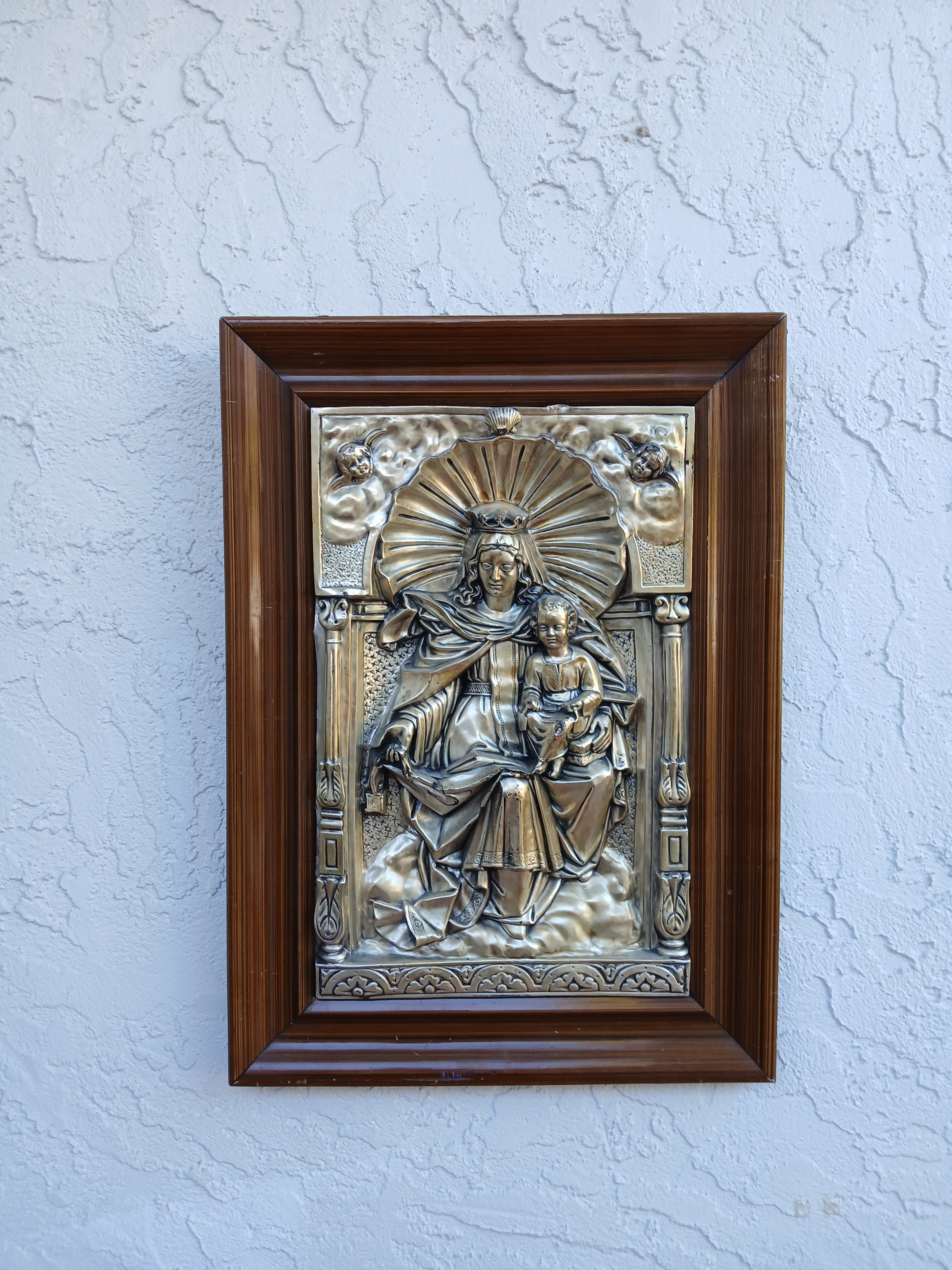 Inspiringly Beautiful Repousse Metal Plaque of Our Lady of Mt. Carmel 1940s