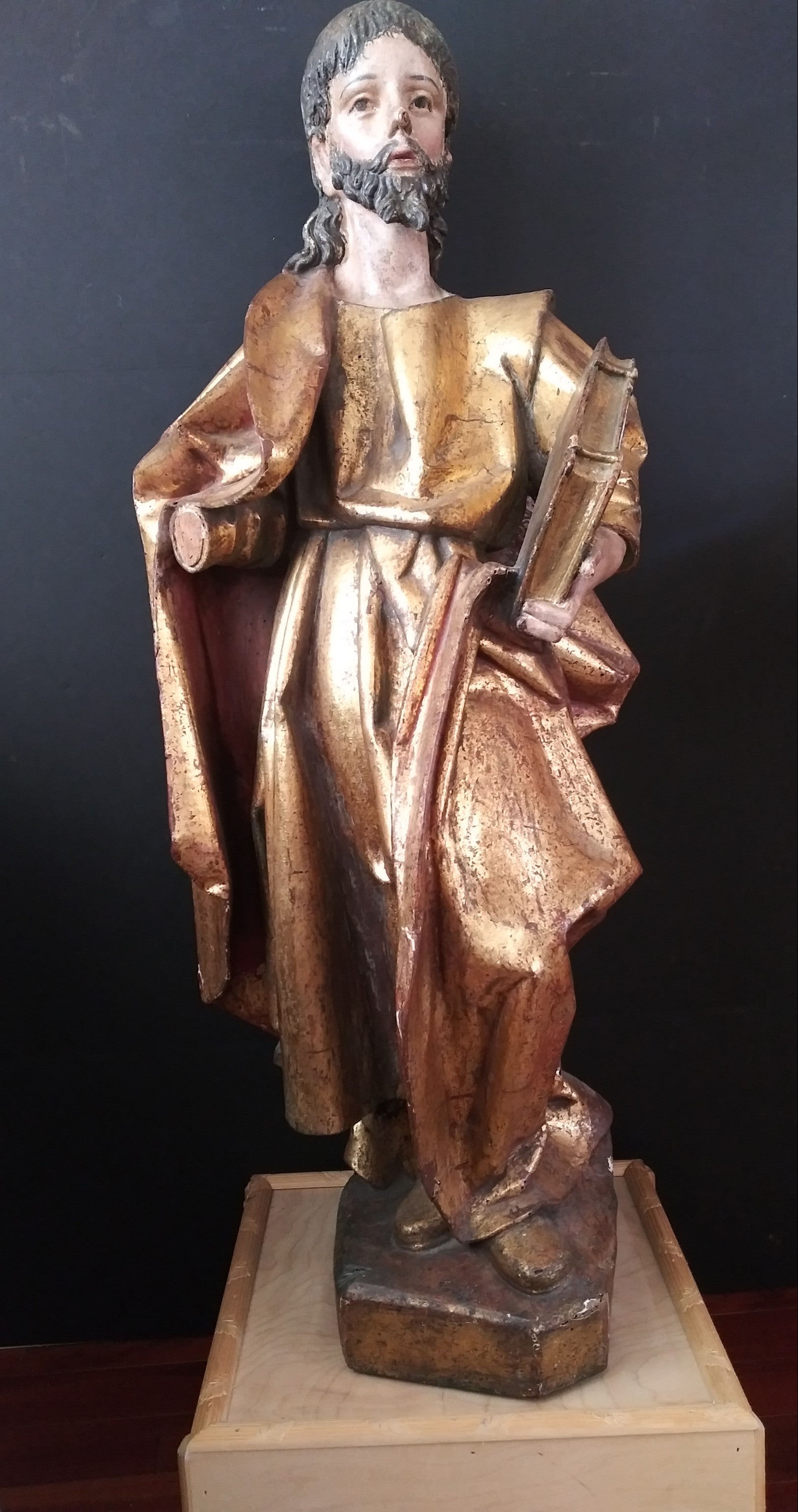 17th Century "Santo Pablo" Spanish Carved Gilt and Polychrome Wood Figure
