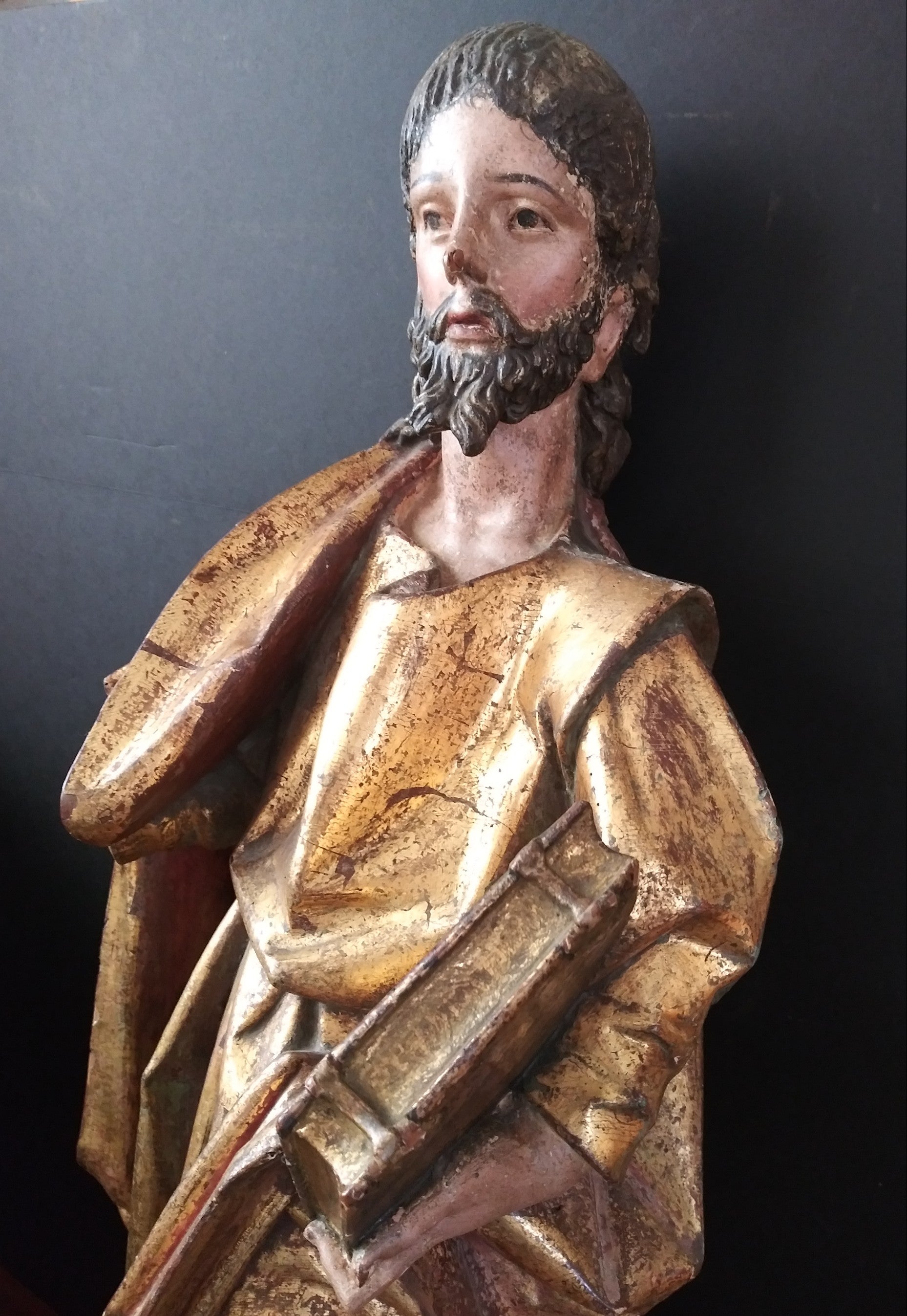 17th Century "Santo Pablo" Spanish Carved Gilt and Polychrome Wood Figure