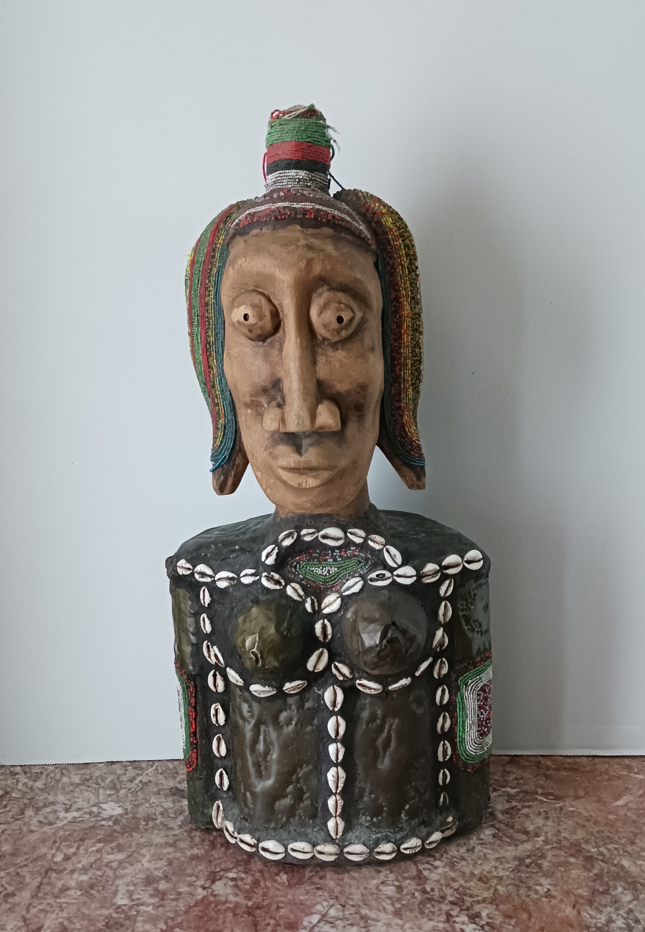 Stunning West African Bust - Wood, Metal, Beads, and Cowrie Shells Early 20th C.
