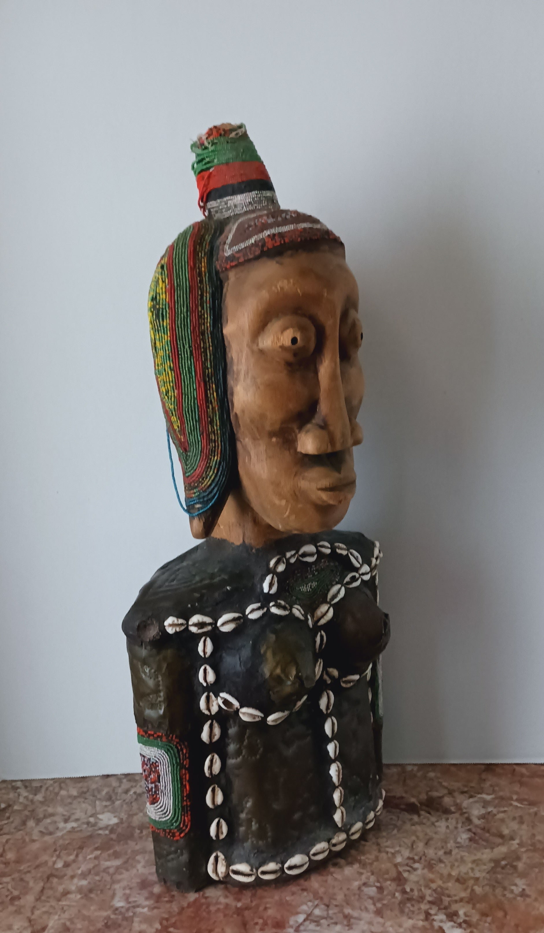 Stunning West African Bust - Wood, Metal, Beads, and Cowrie Shells Early 20th C.