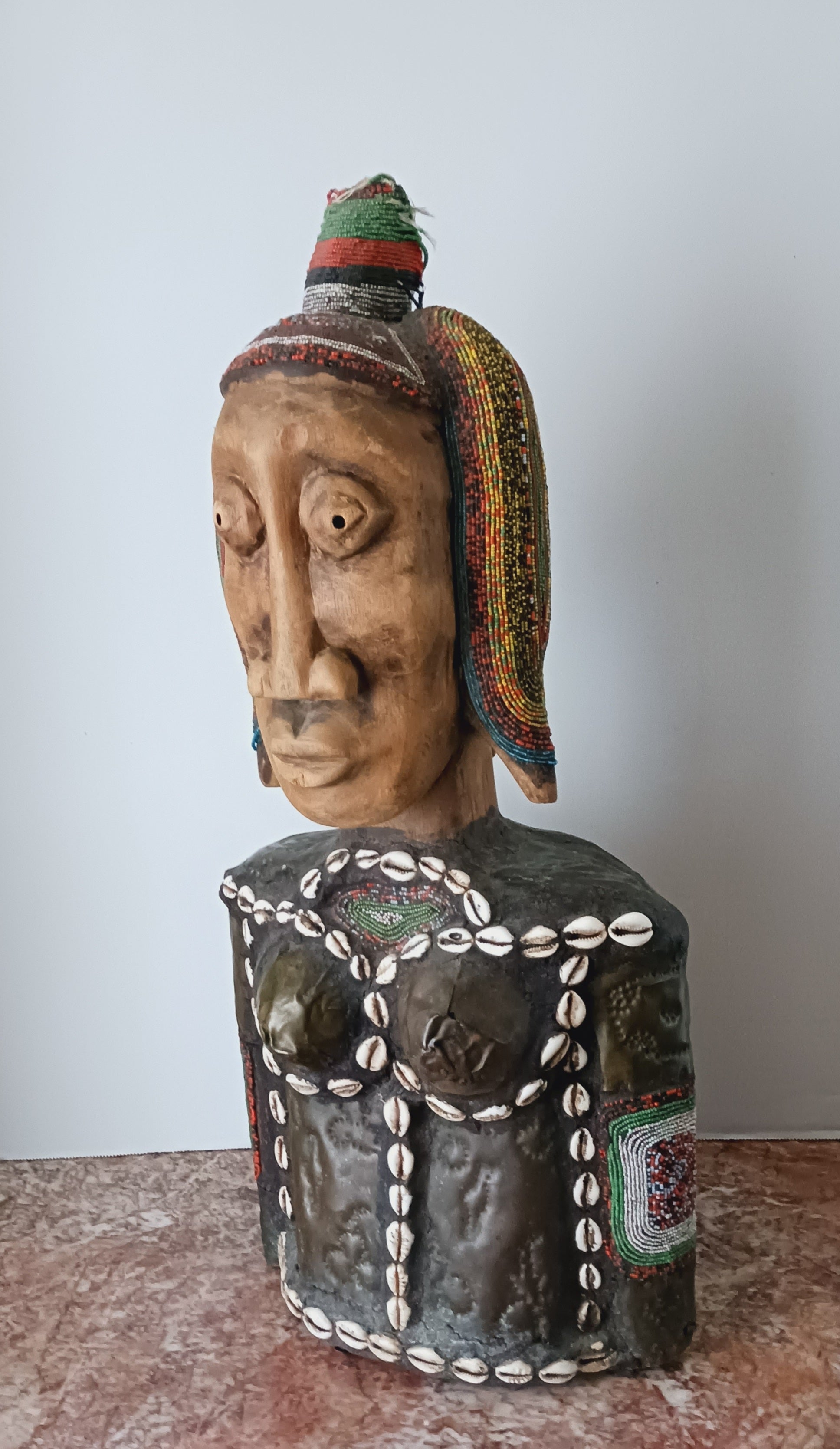 Stunning West African Bust - Wood, Metal, Beads, and Cowrie Shells Early 20th C.