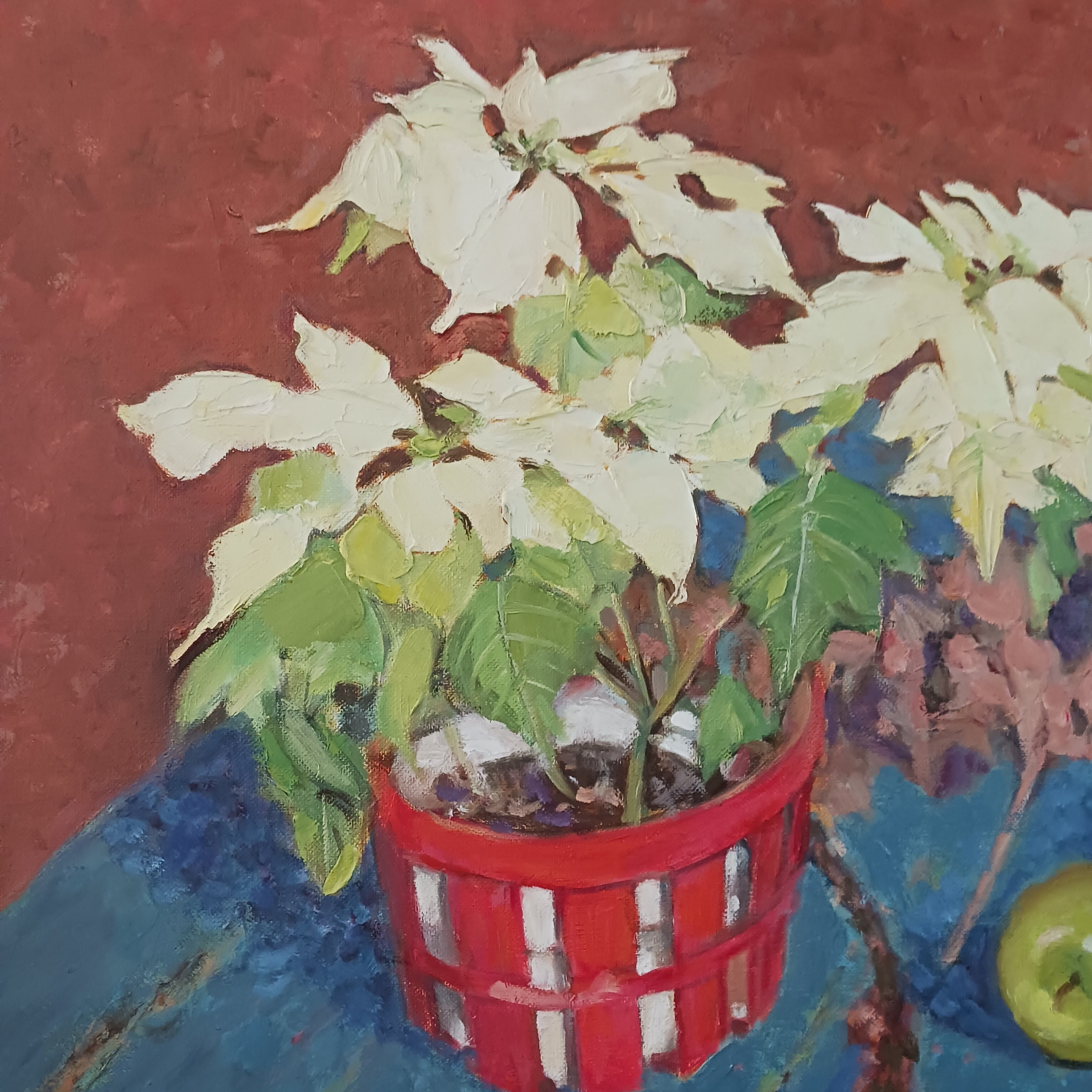 Poinsettias! Oil by Springfield, Massachusetts Artist Ethelyn (Polly) Fenner