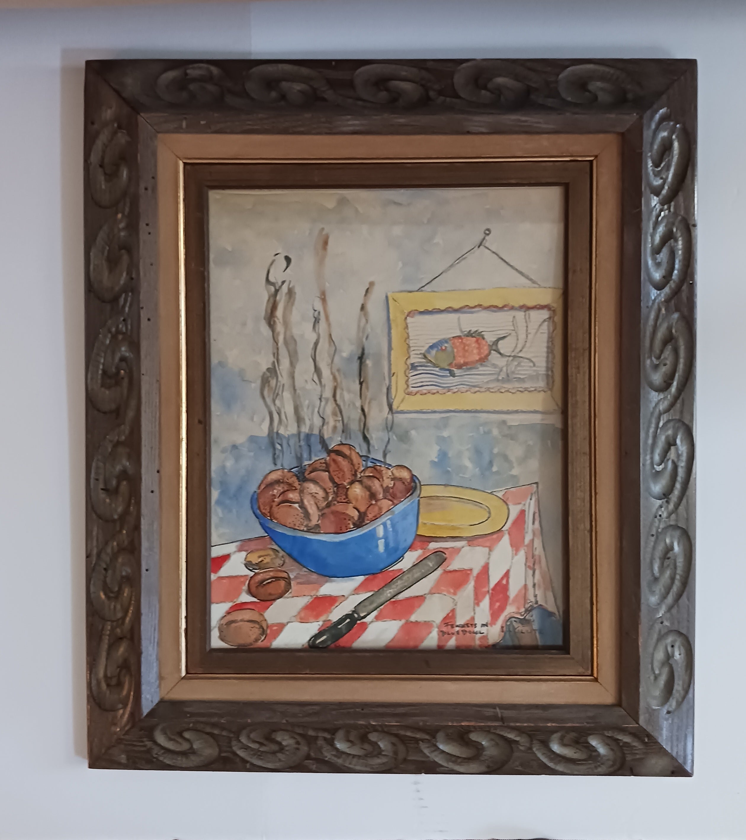 Fewmets in a Blue Bowl Watercolor by I. L. Glutz
