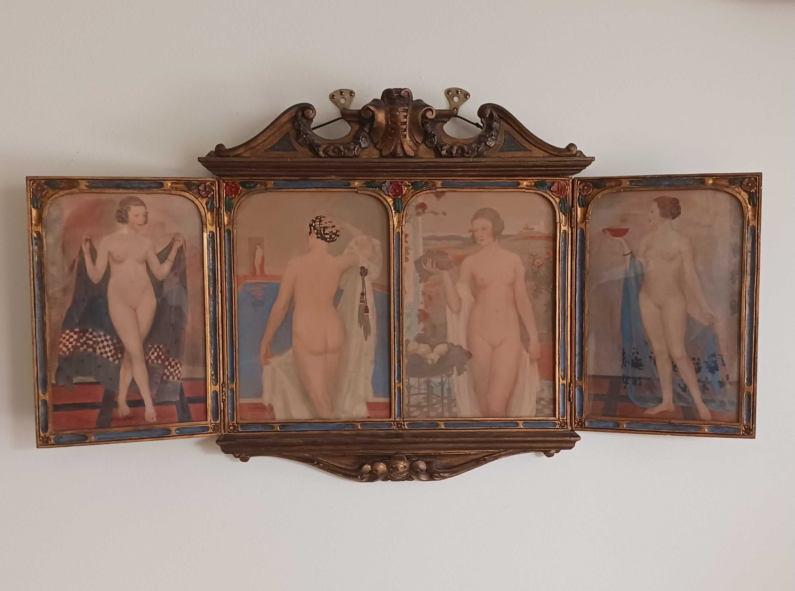 Authentic Art Deco Watercolor Polyptych of Sensuous Bathers c. 1920s