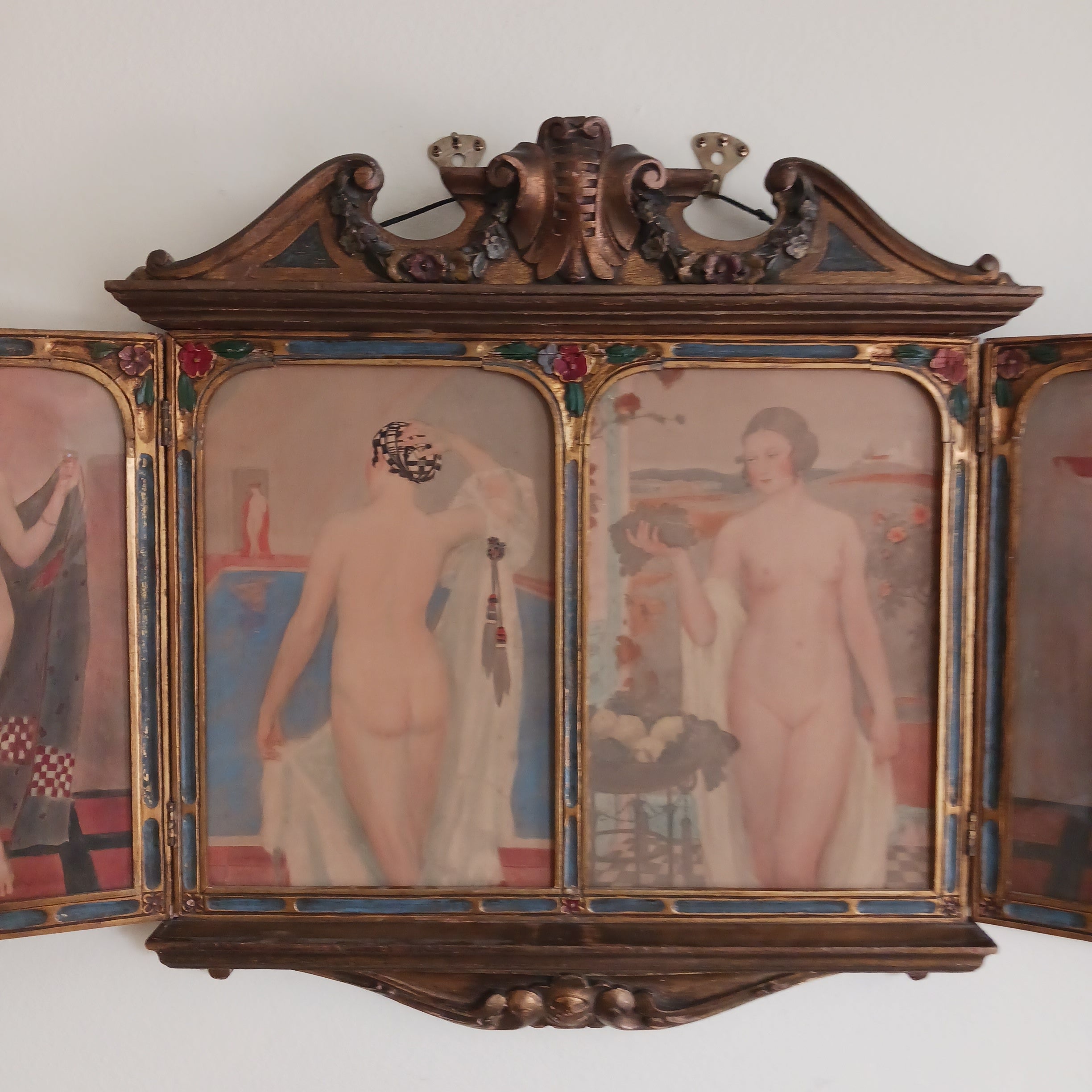 Authentic Art Deco Watercolor Polyptych of Sensuous Bathers c. 1920s