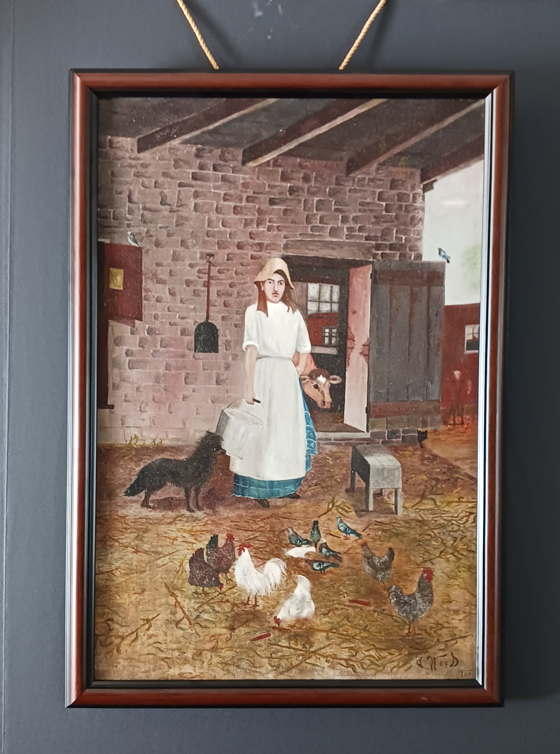 Feeding the Chickens oil on canvas by George Bacon Wood Jr. 1909 Rare Listed Art Folk Artist