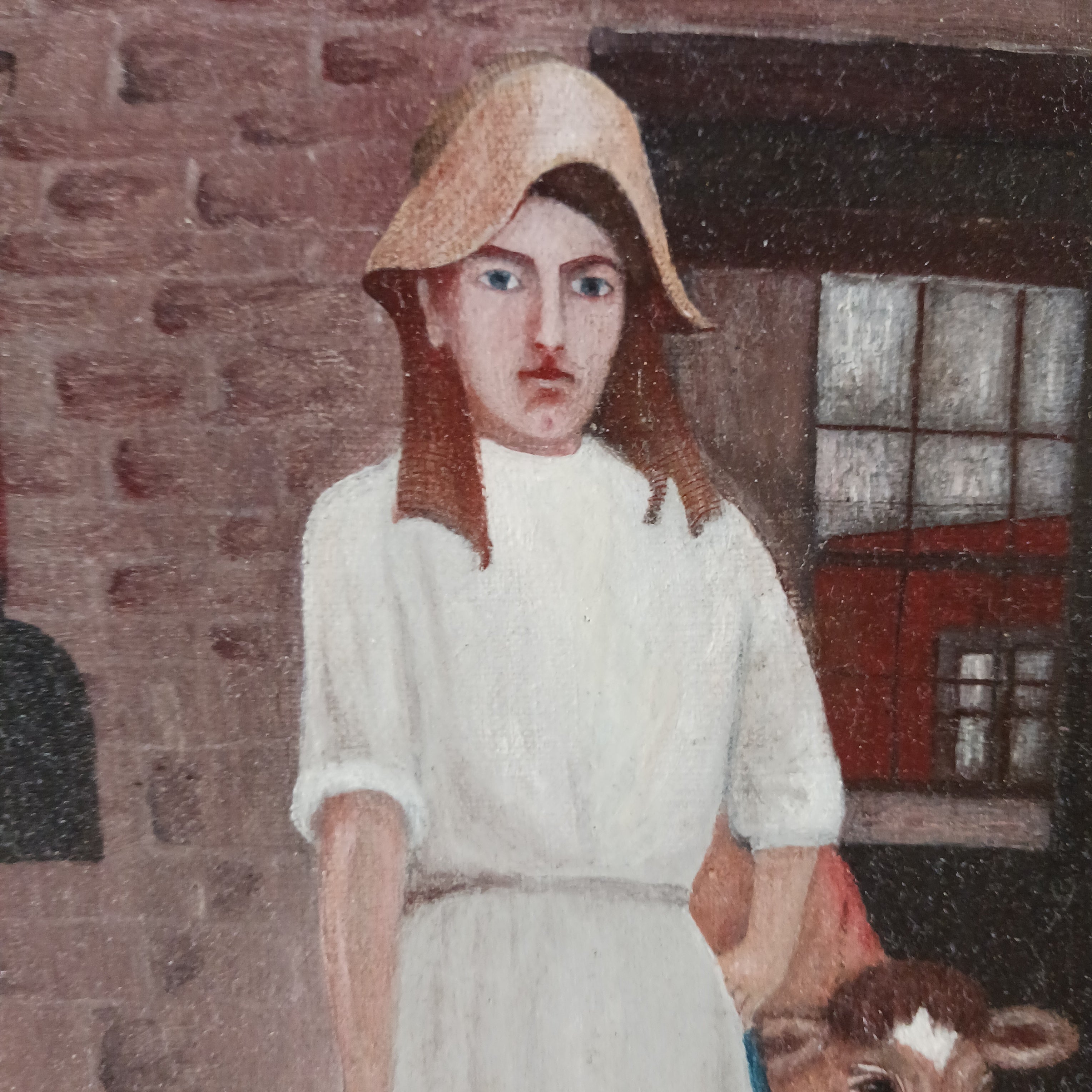 Feeding the Chickens oil on canvas by George Bacon Wood Jr. 1909 Rare Listed Art Folk Artist