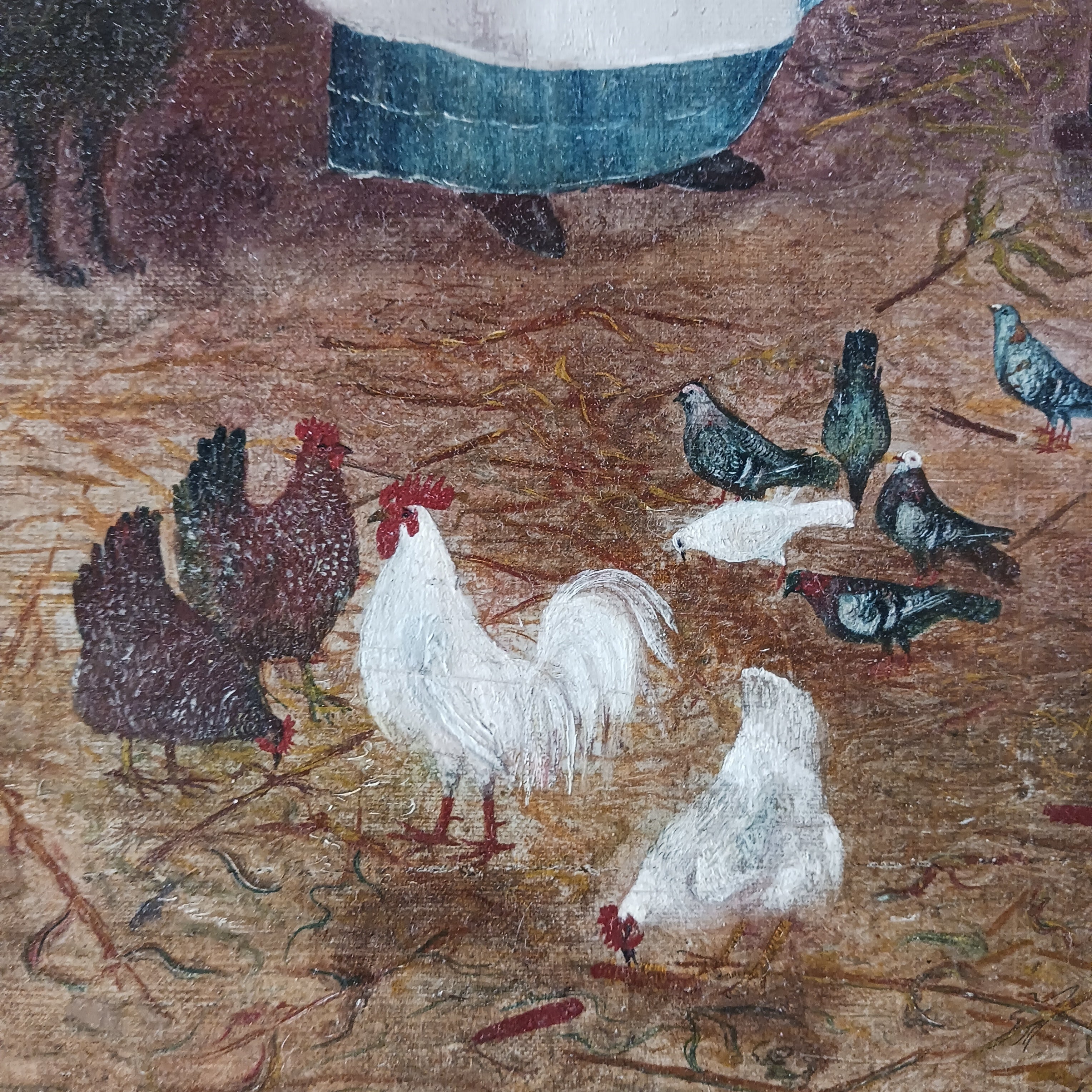 Feeding the Chickens oil on canvas by George Bacon Wood Jr. 1909 Rare Listed Art Folk Artist