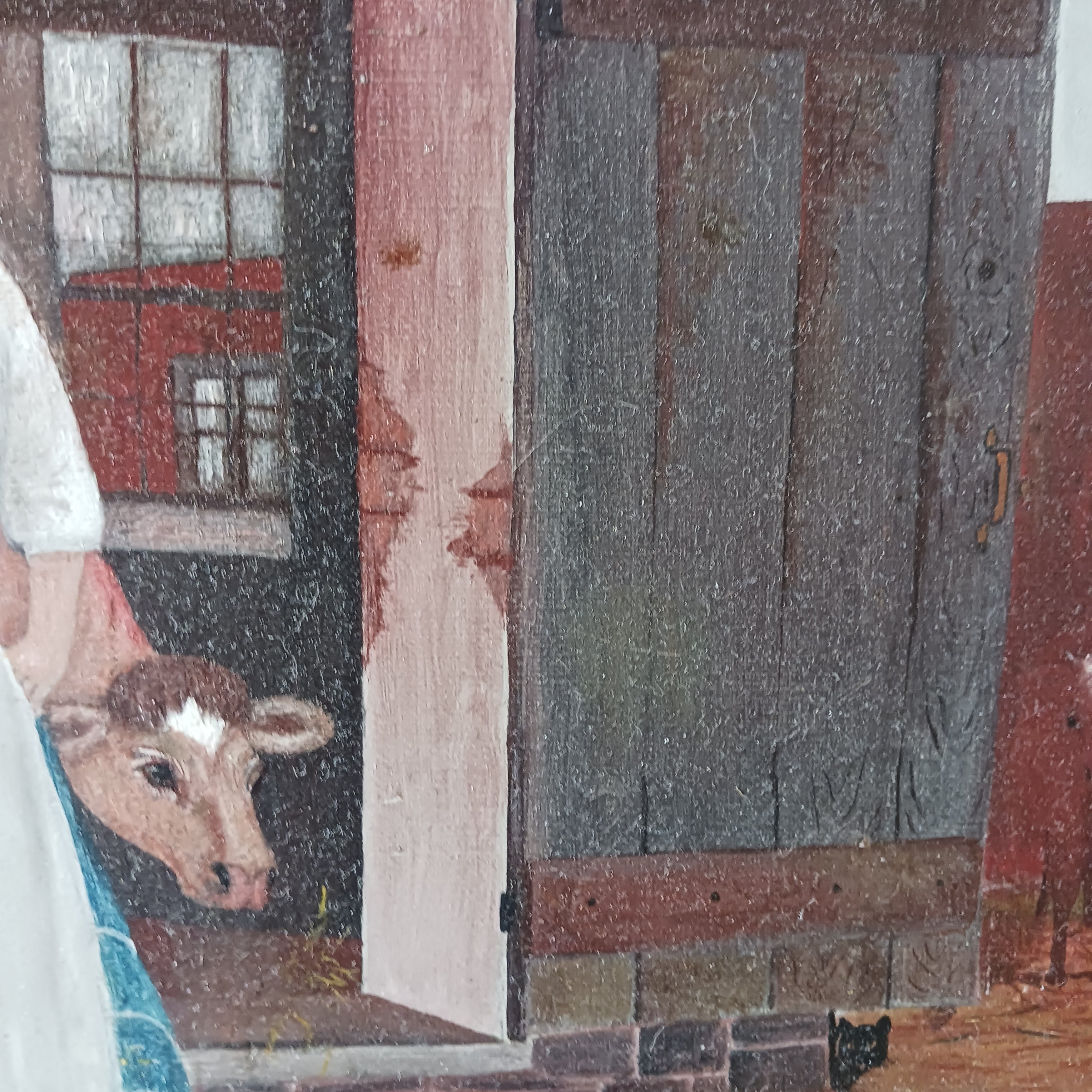 Feeding the Chickens oil on canvas by George Bacon Wood Jr. 1909 Rare Listed Art Folk Artist