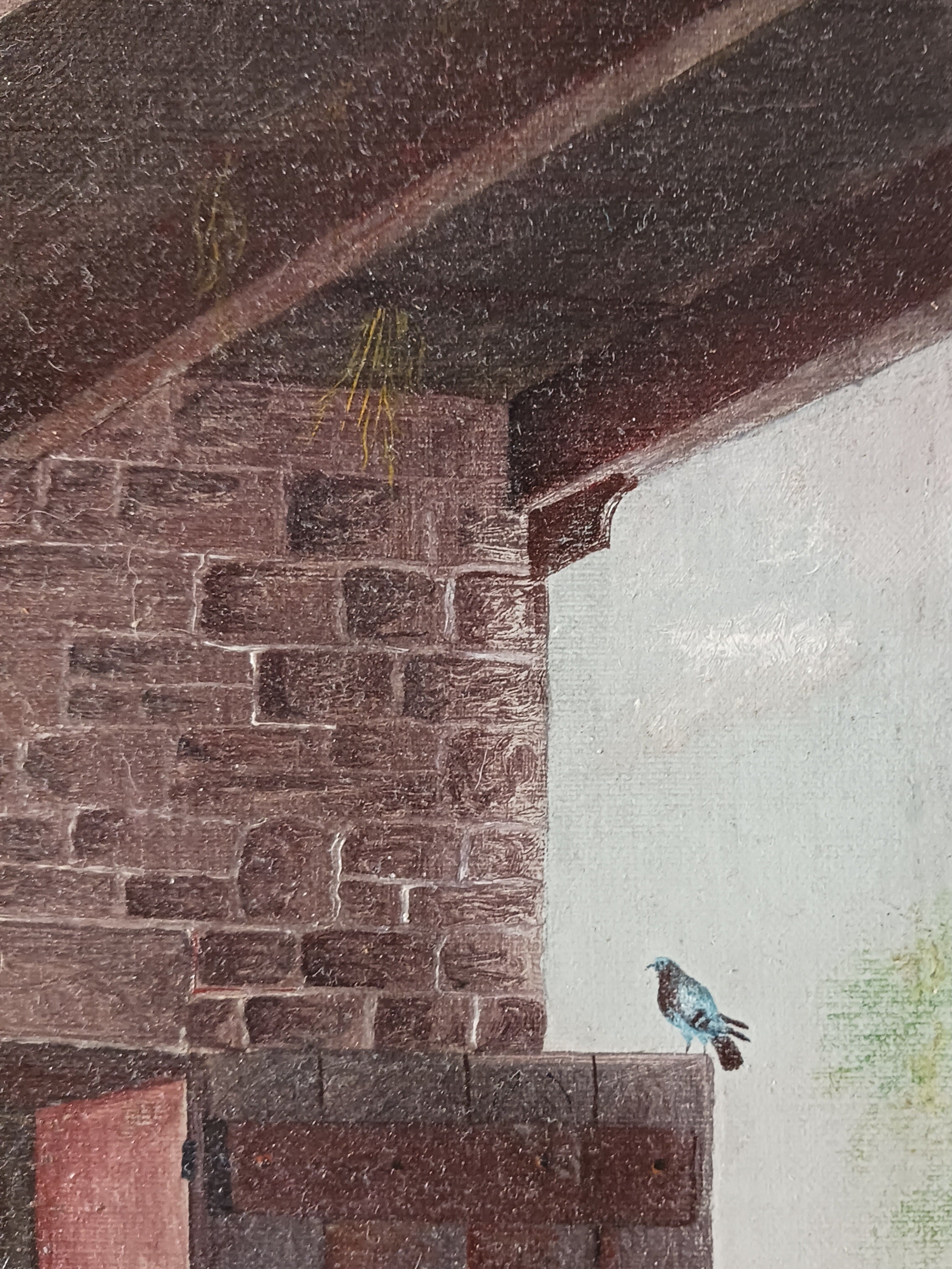 Feeding the Chickens oil on canvas by George Bacon Wood Jr. 1909 Rare Listed Art Folk Artist