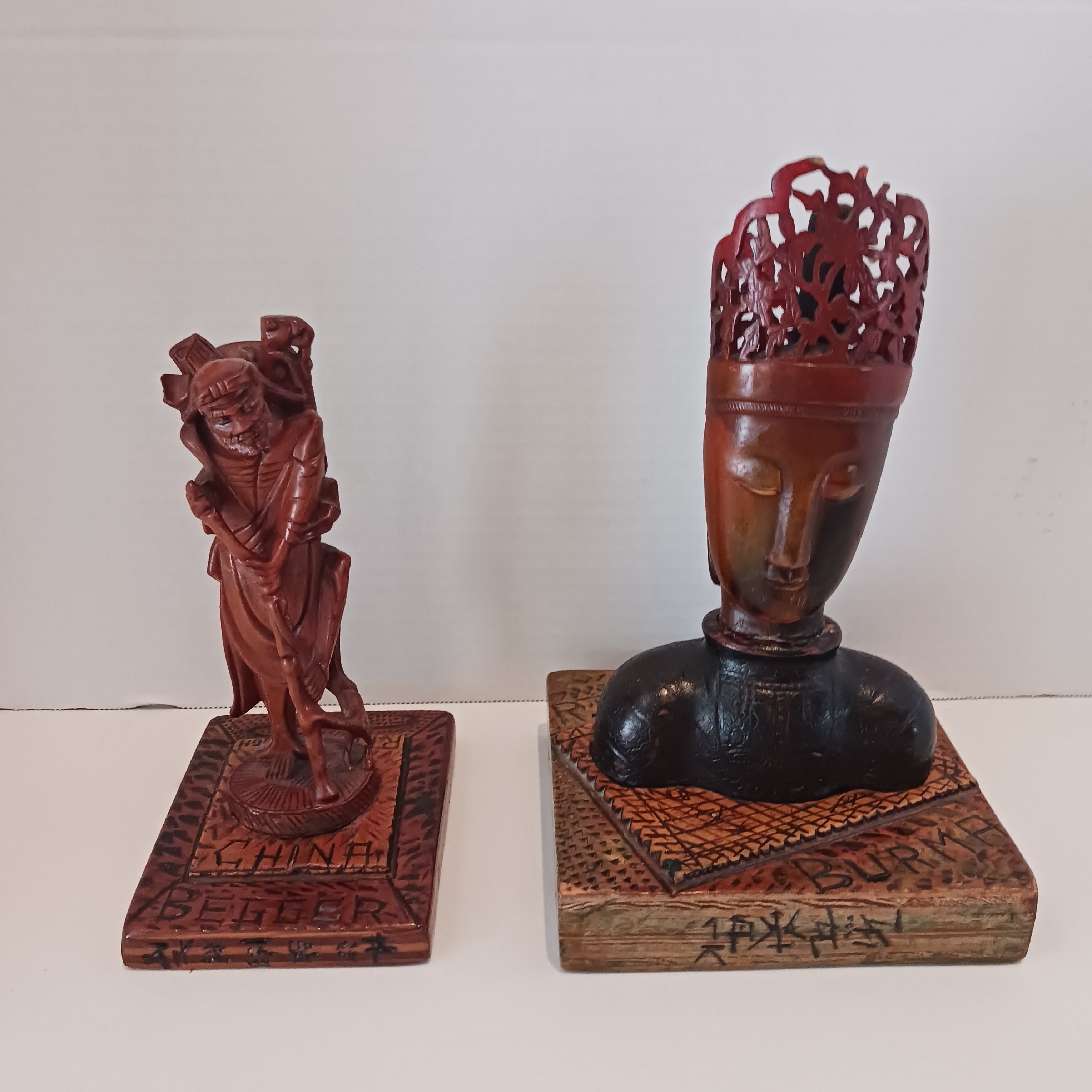 Pair of Exotic Wood and Water Buffalo Horn Carved Figures R. T. Kavanaugh 1941