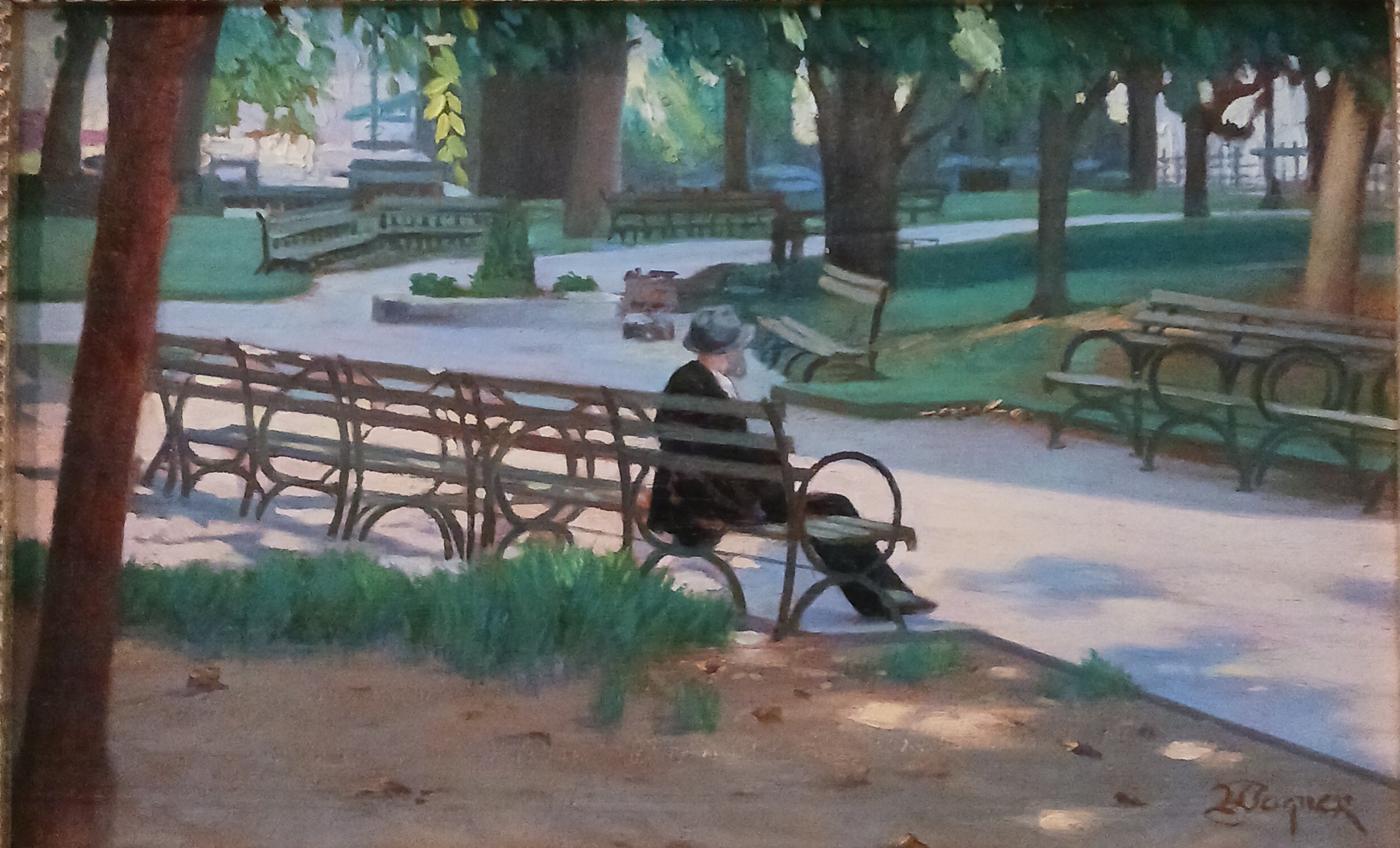 Park Near the Flat Iron Building NYC - Oil on mahogany panel By Thomas Wagner