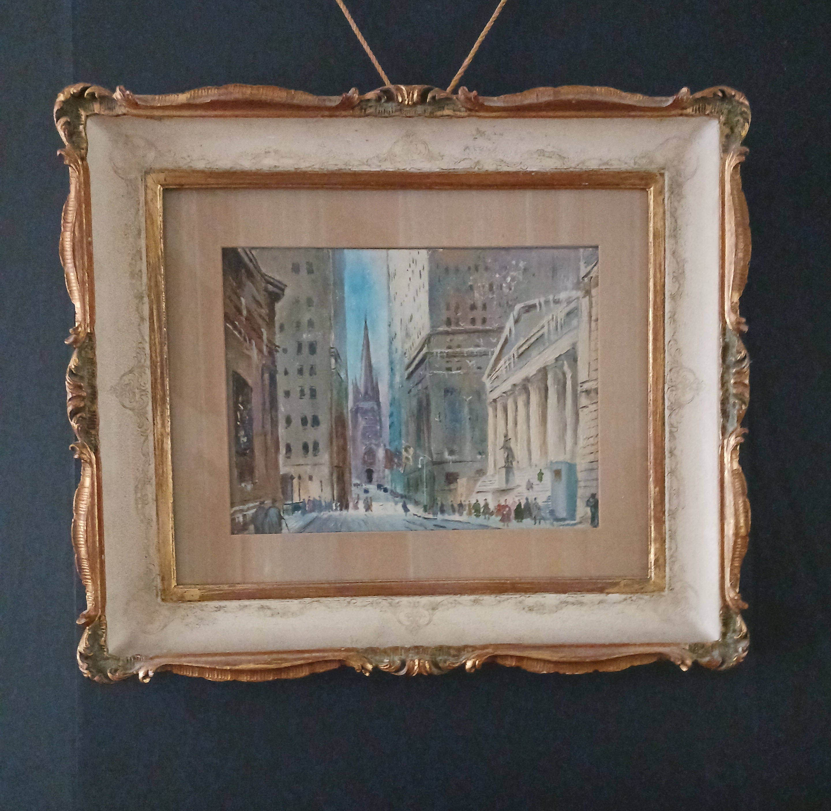Wall Street - Mid-Century Modern oil on board, Trinity Church, Federal Building