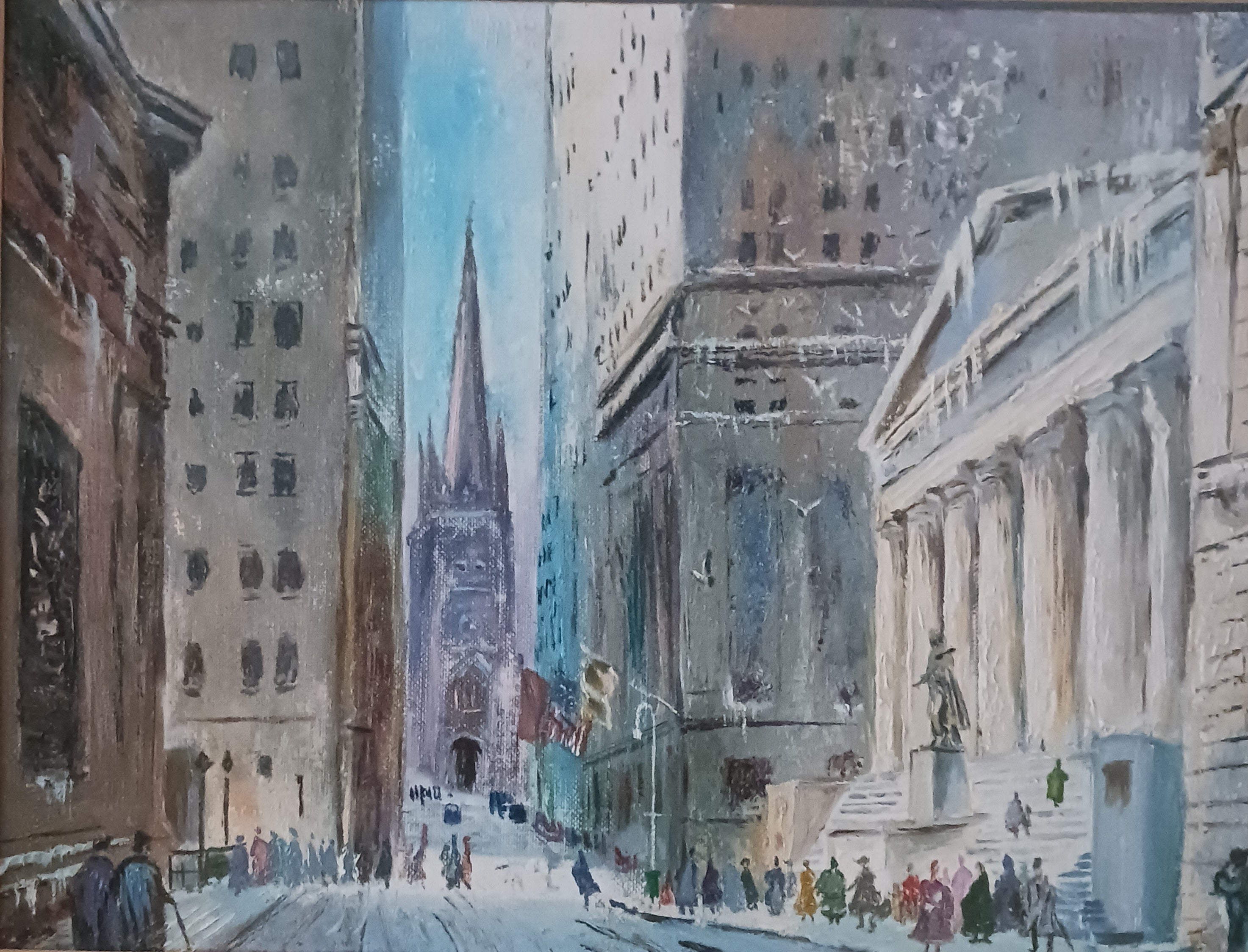 Wall Street - Mid-Century Modern oil on board, Trinity Church, Federal Building