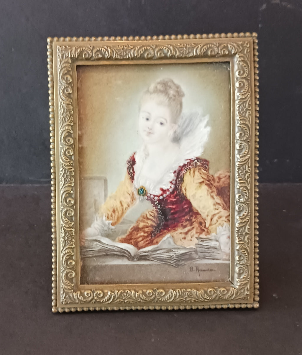 Miniature Watercolor "L'Etude" signed Rannier after Fragonard