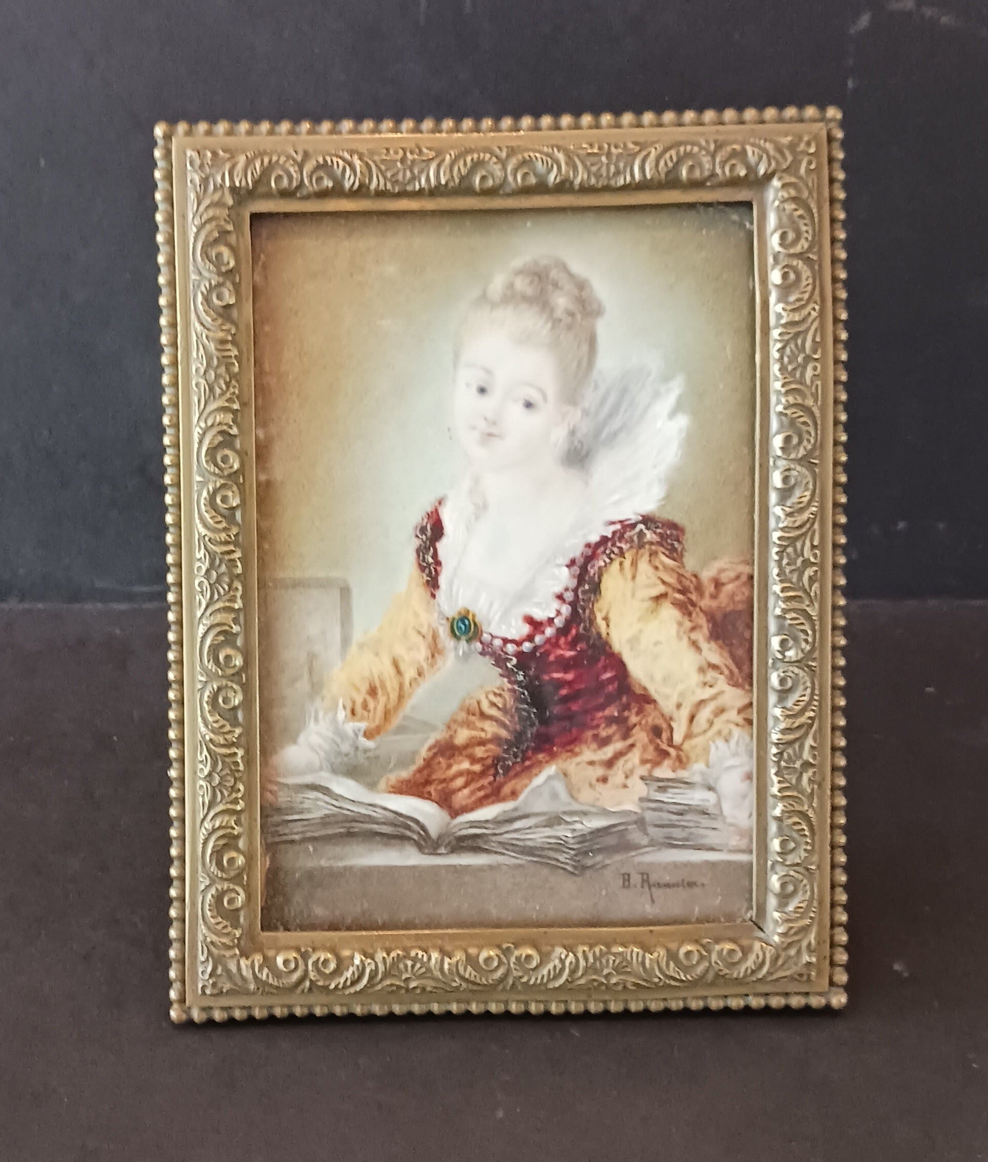 Miniature Watercolor "L'Etude" signed Rannier after Fragonard