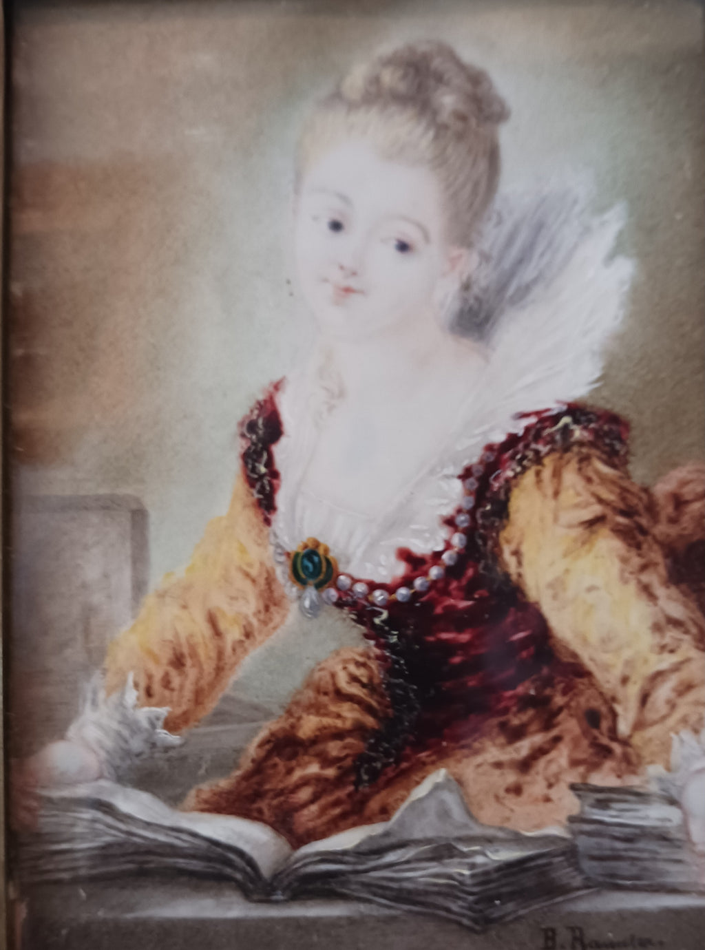 Miniature Watercolor "L'Etude" signed Rannier after Fragonard