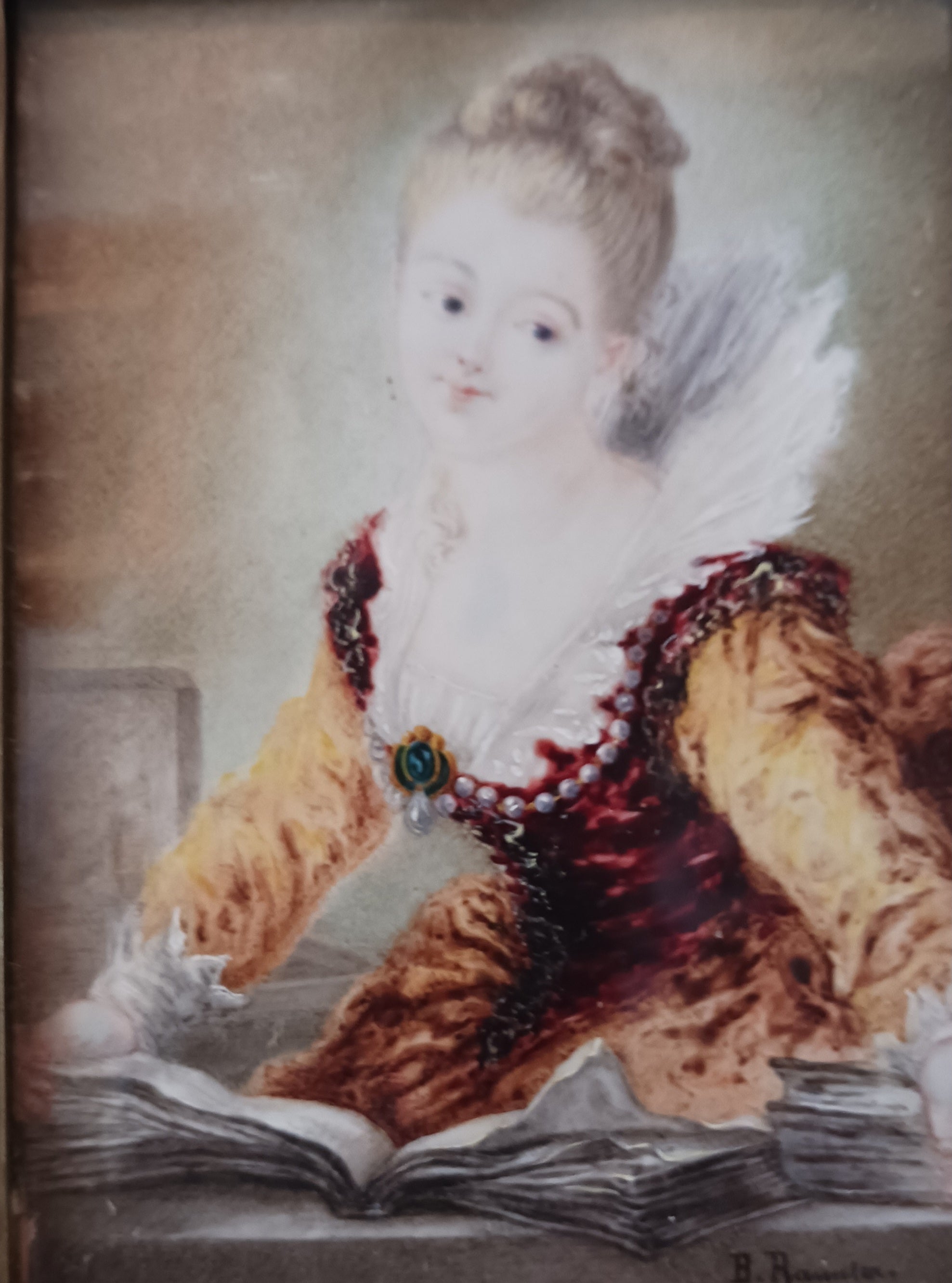 Miniature Watercolor "L'Etude" signed Rannier after Fragonard