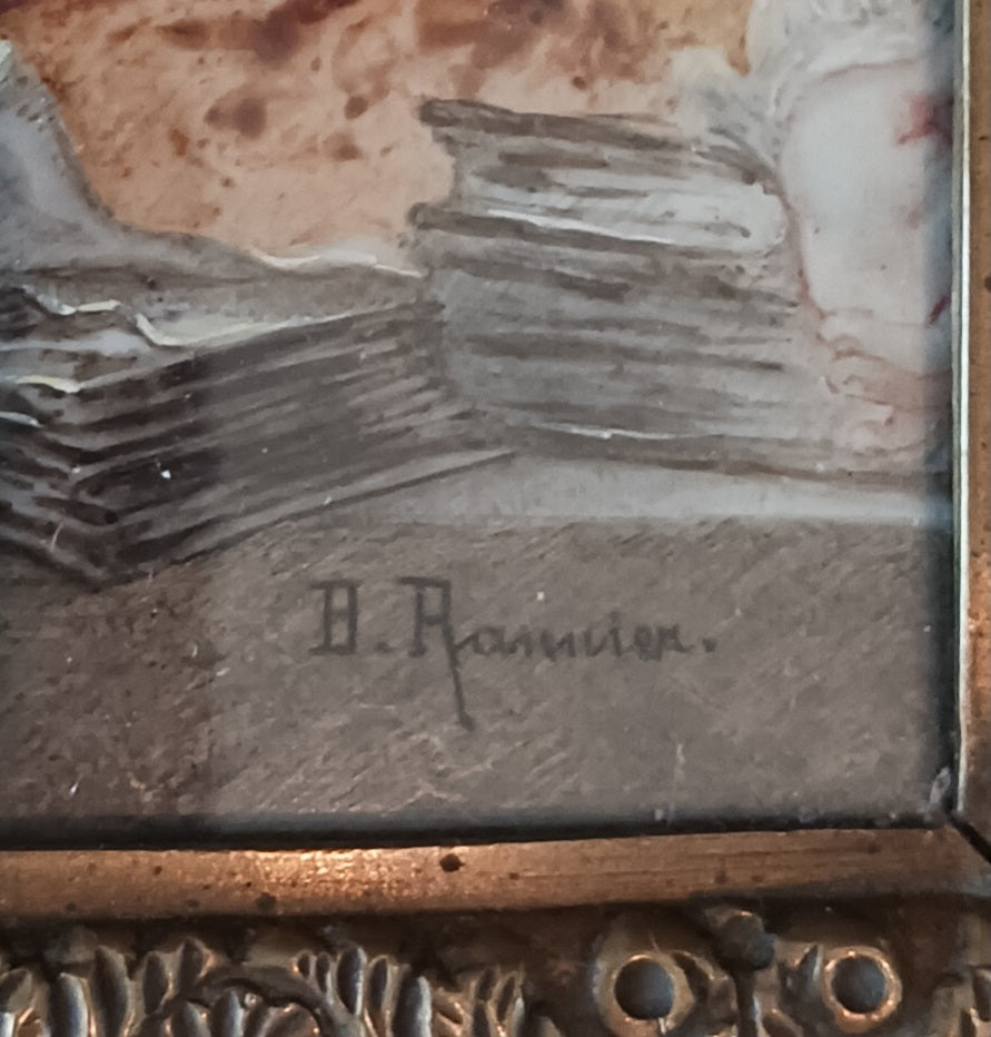 Miniature Watercolor "L'Etude" signed Rannier after Fragonard