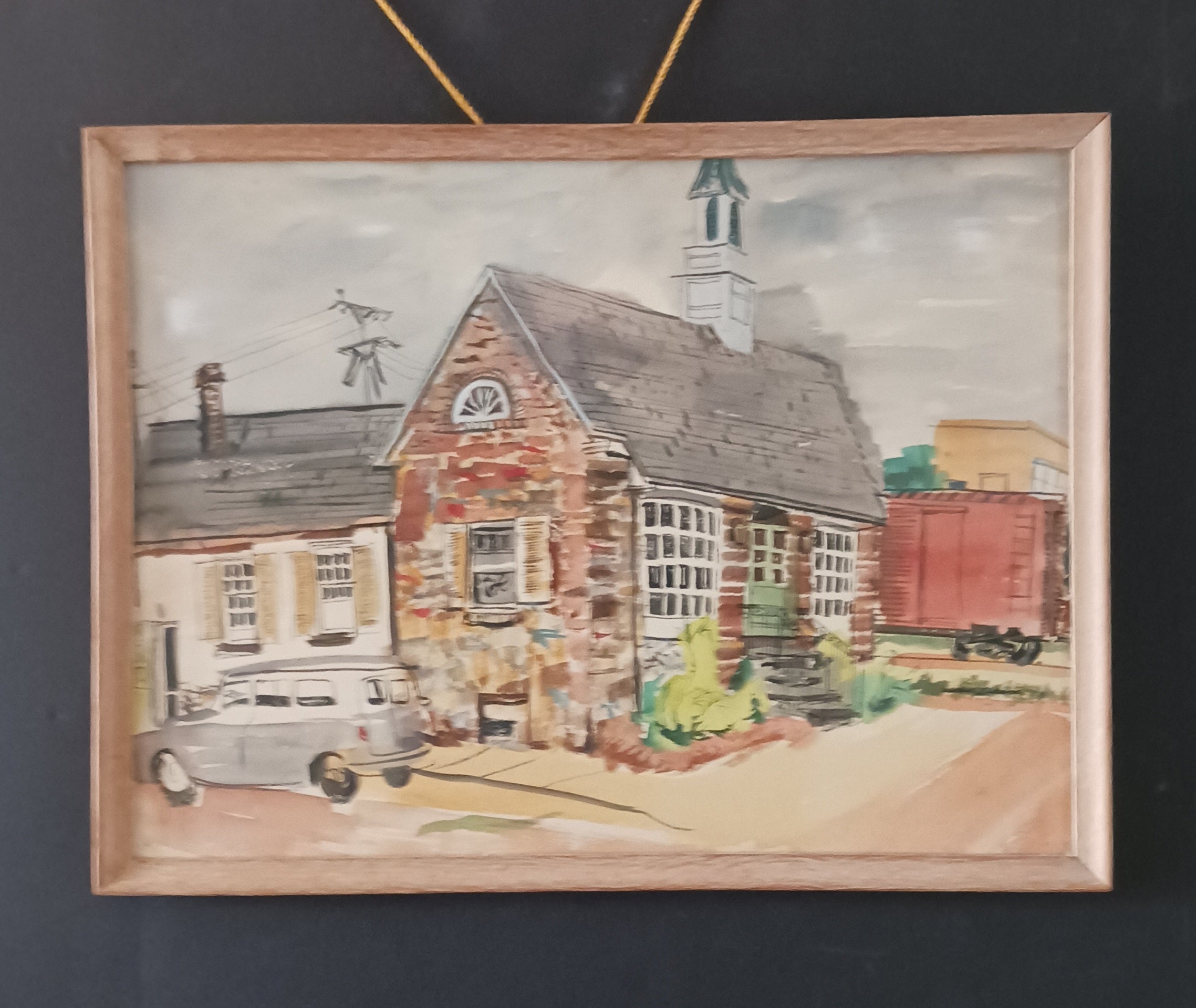 Midcentury Watercolor Featuring Late 1950's Commer Wagon and a Freight Car