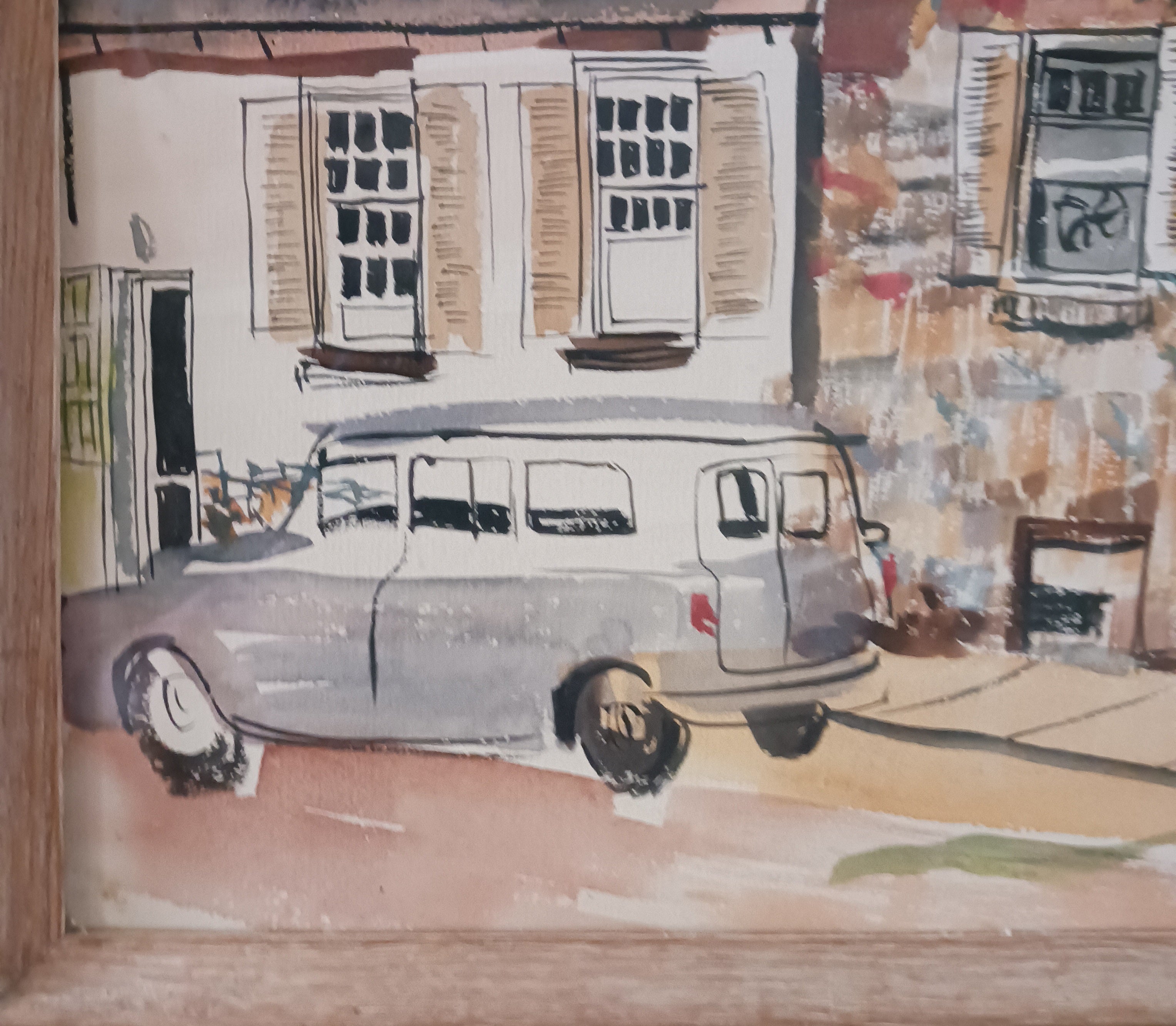 Midcentury Watercolor Featuring Late 1950's Commer Wagon and a Freight Car
