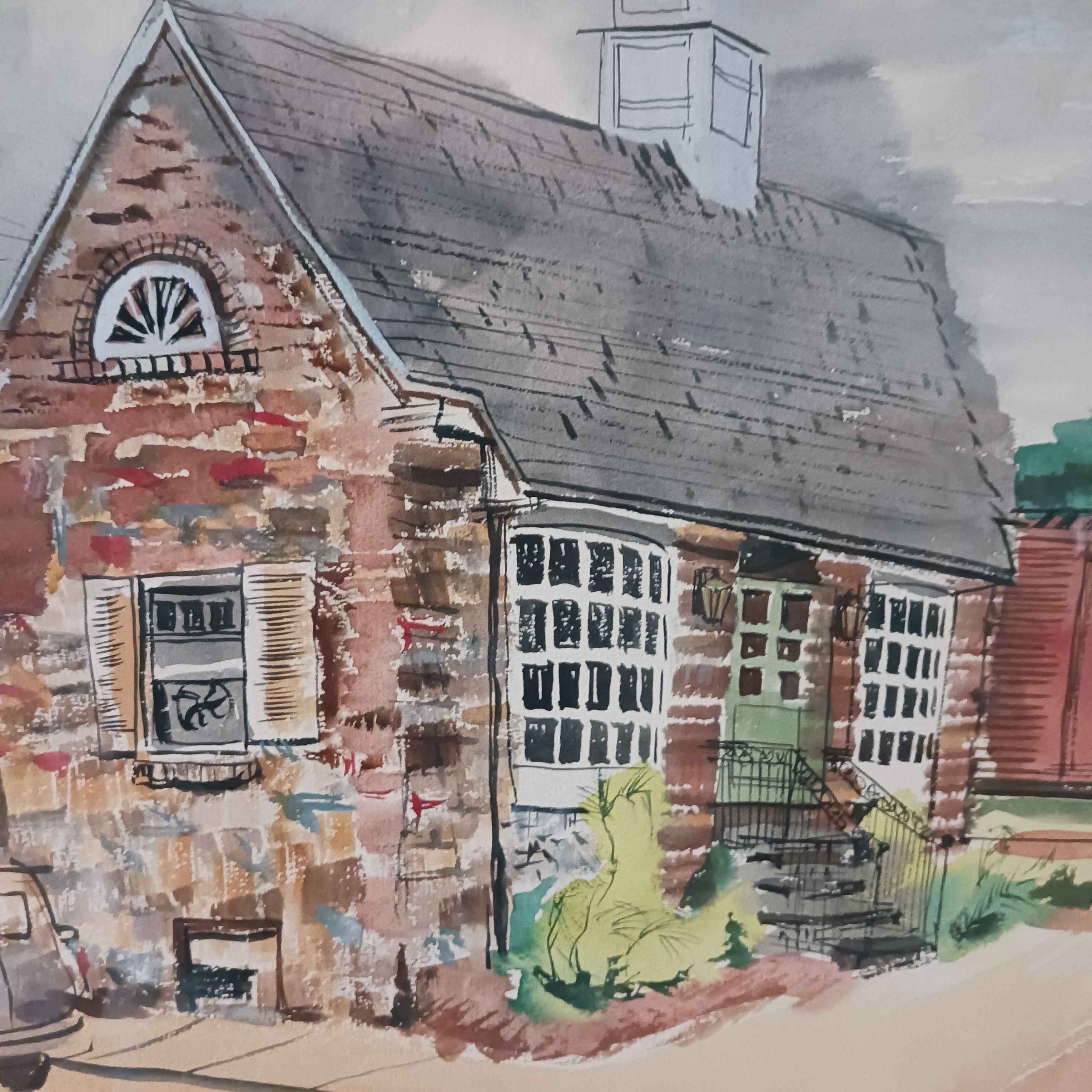 Midcentury Watercolor Featuring Late 1950's Commer Wagon and a Freight Car