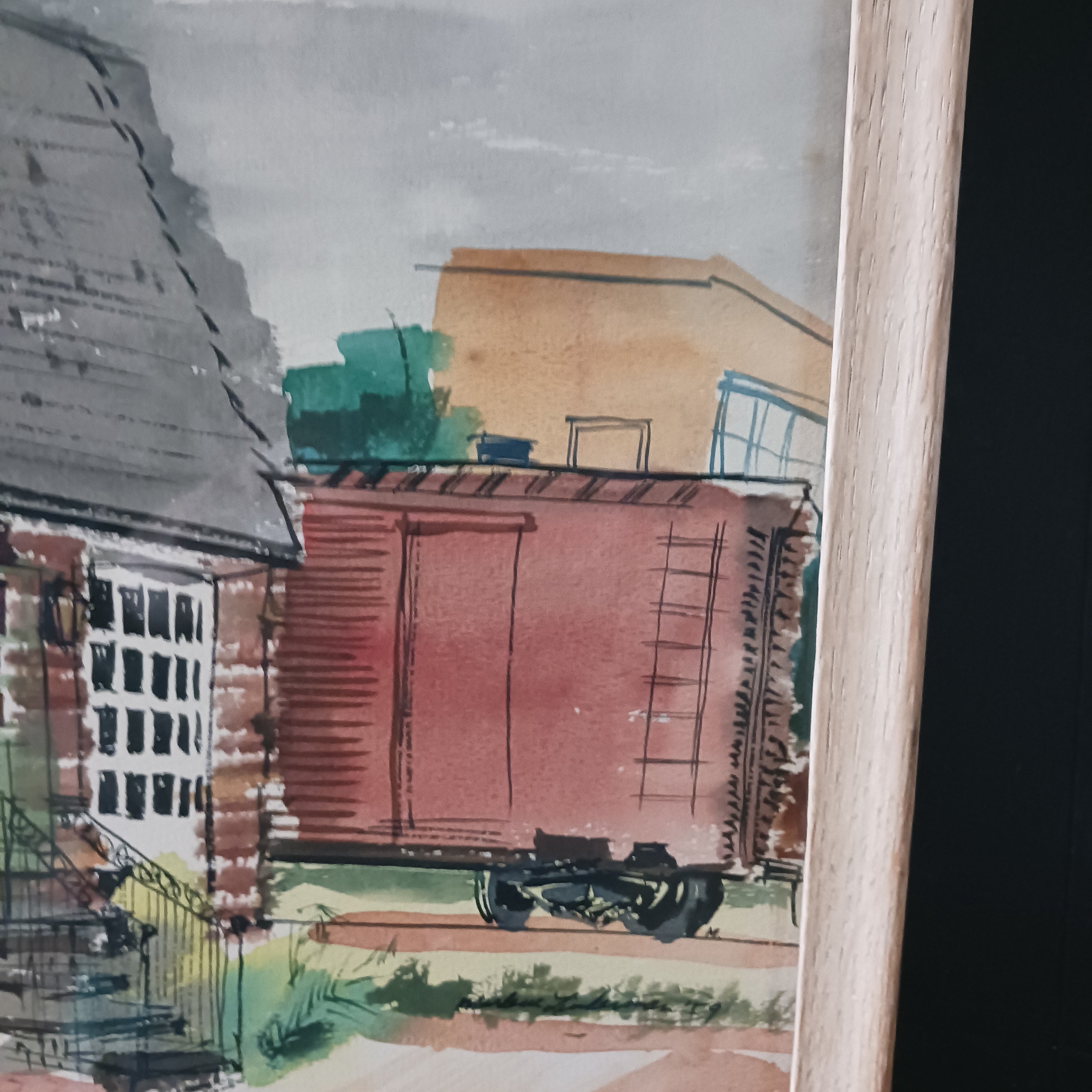 Midcentury Watercolor Featuring Late 1950's Commer Wagon and a Freight Car