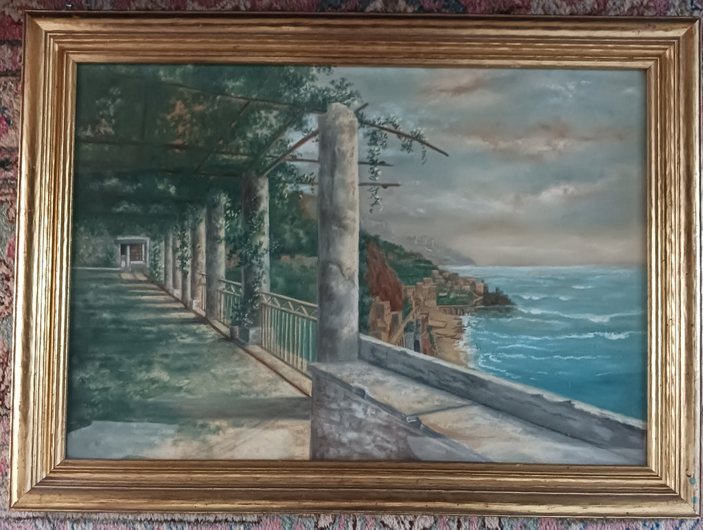 Amalfi Coast Monastery - 1930's Pastel with Memorabilia on the Back!