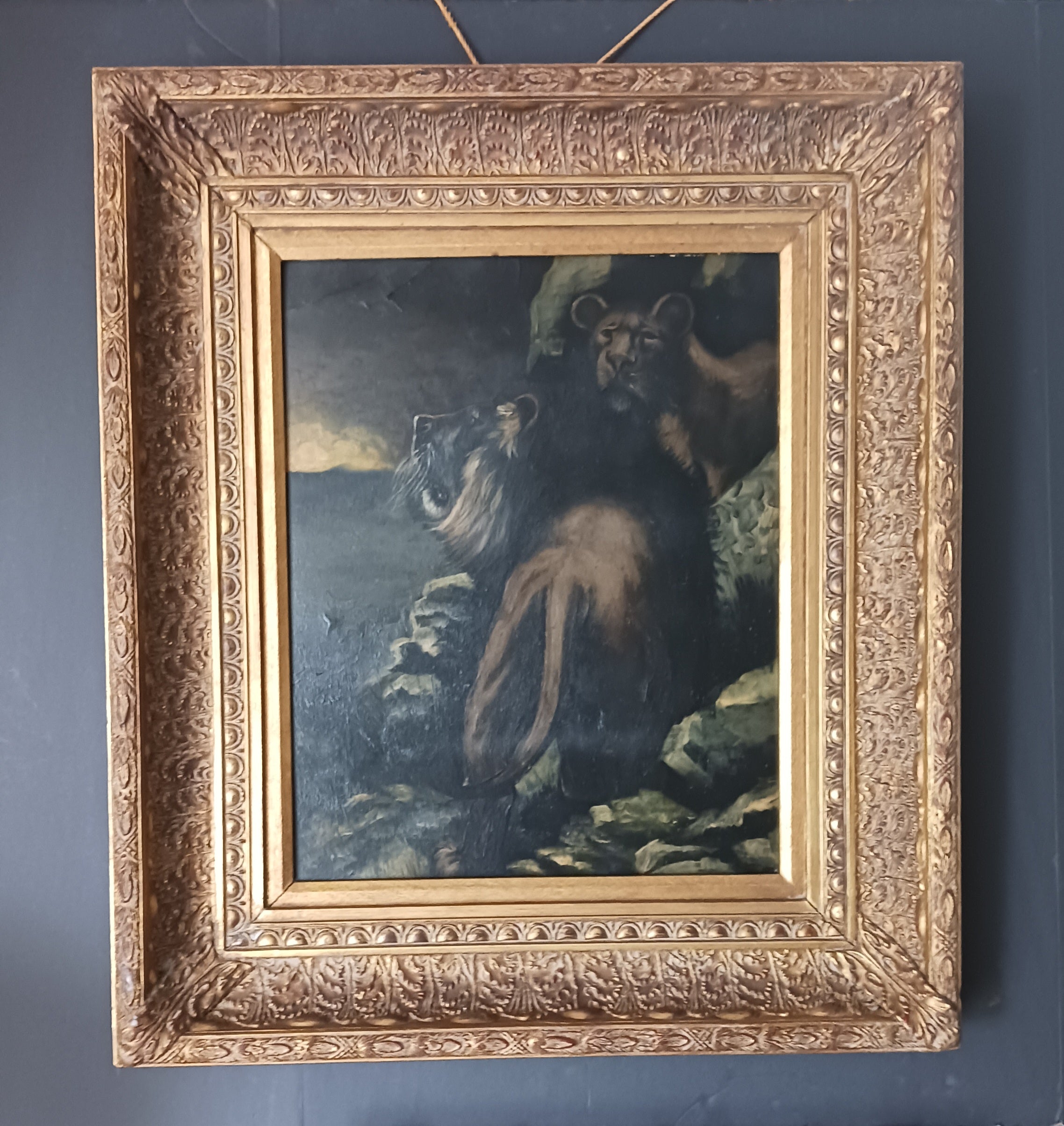 Desert Lions at Night - Early 19th C. French Oil on Board
