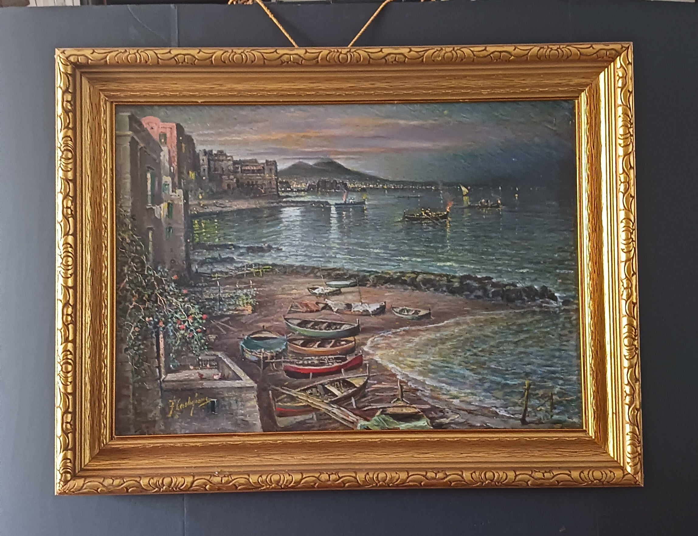 Night on the Bay of Naples - o/c F. Castigliano, Listed Italian Mid-Century