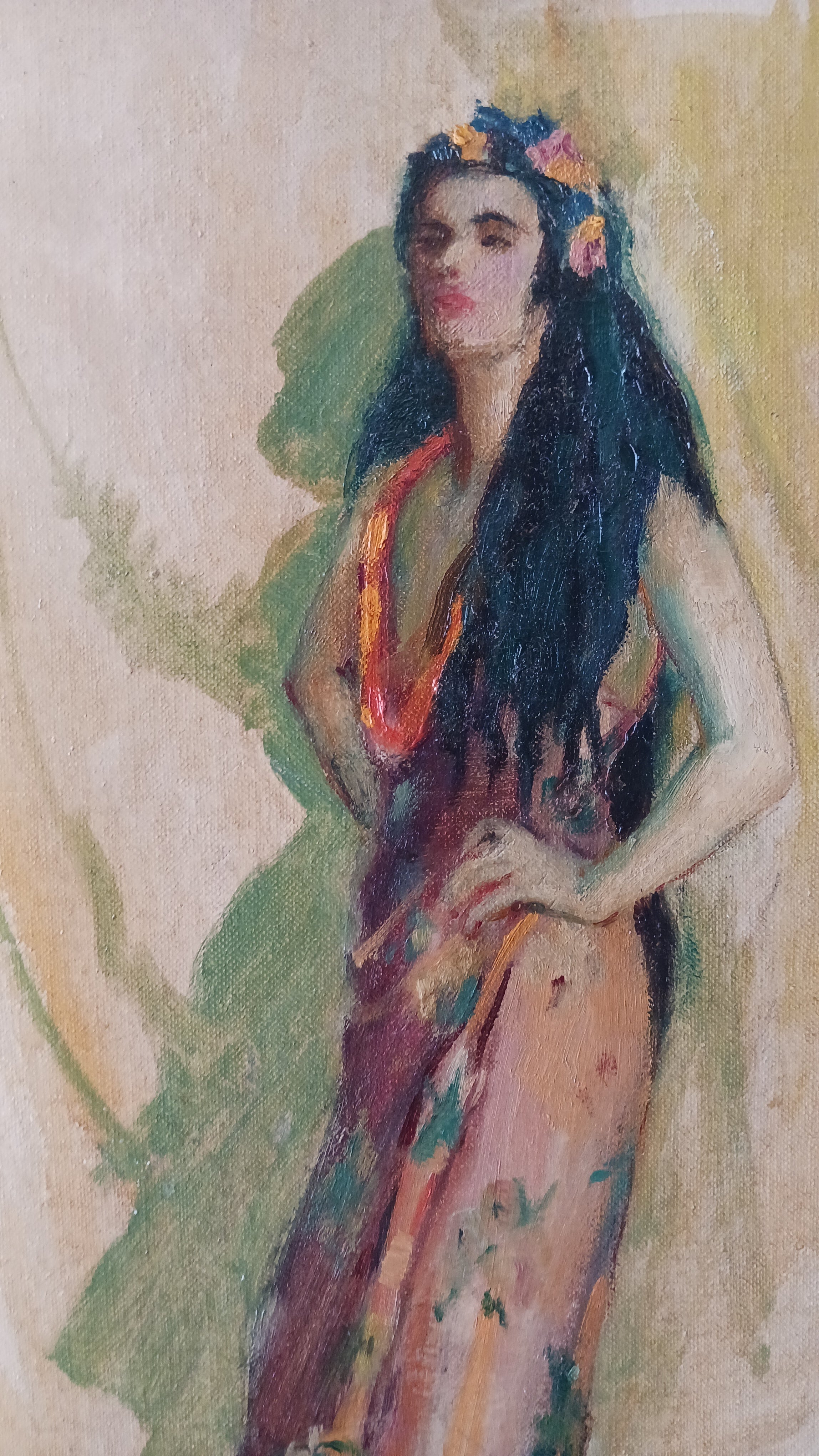 Exotic Painting of a South Seas Island Maid c. 1930s signed by Mrs. J B Davison