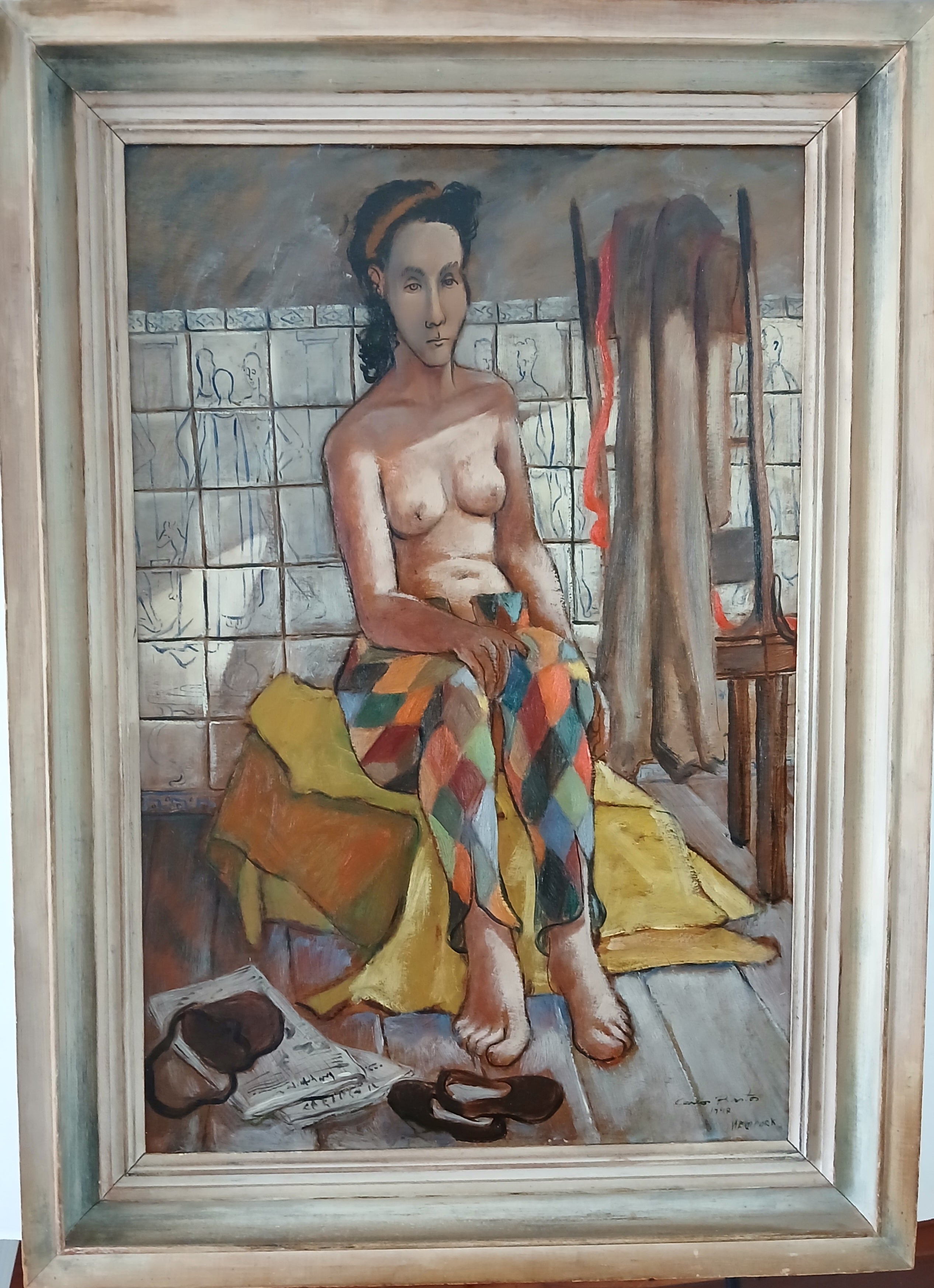 Rare and Important Early Carlos Bastos Oil on Board "Harlequin" New York 1948