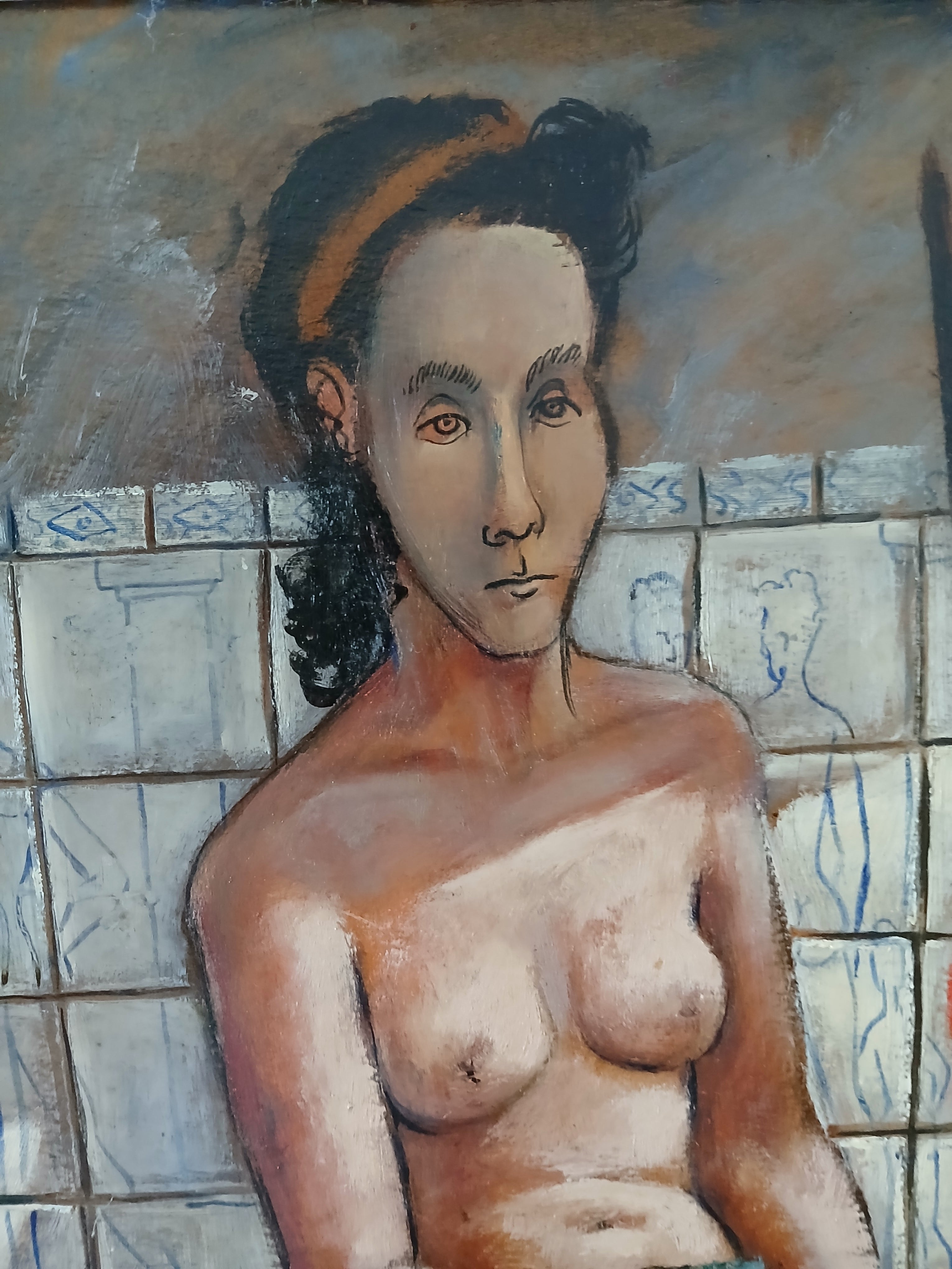 Rare and Important Early Carlos Bastos Oil on Board "Harlequin" New York 1948