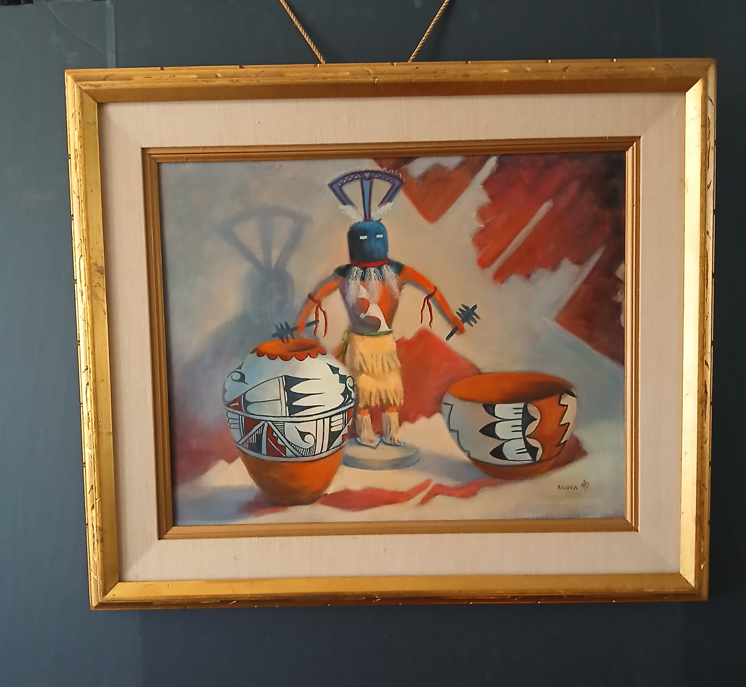 Oil on Canvas Still Life Apache Devil Dancer Doll and Jemez Pueblo Pots by Agota