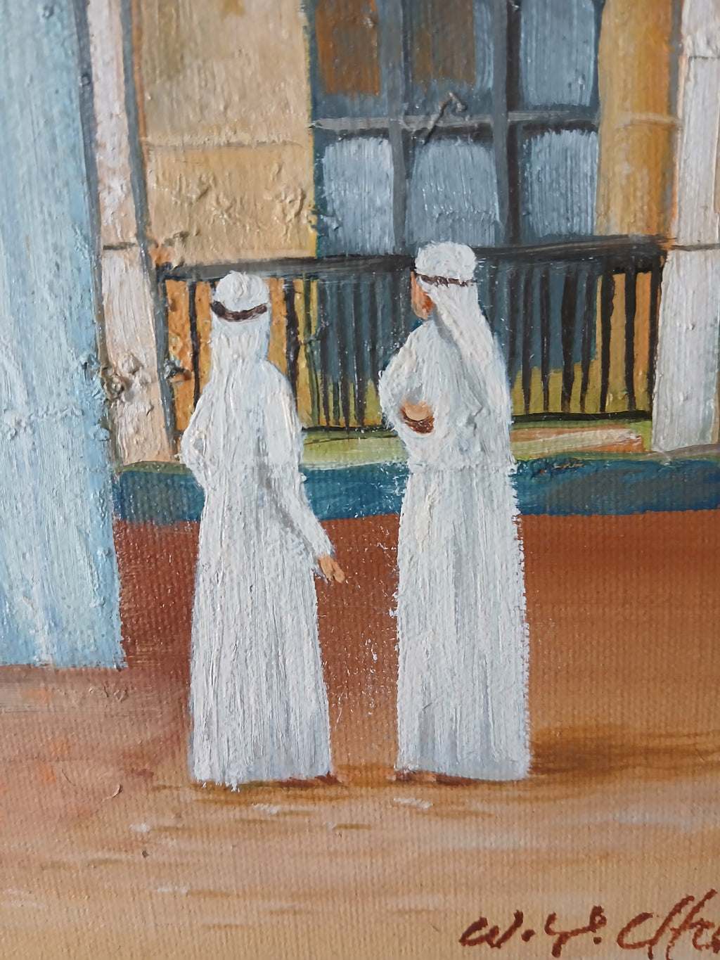 Scene in a Middle Eastern Town Signed Oil on Canvas, 1983