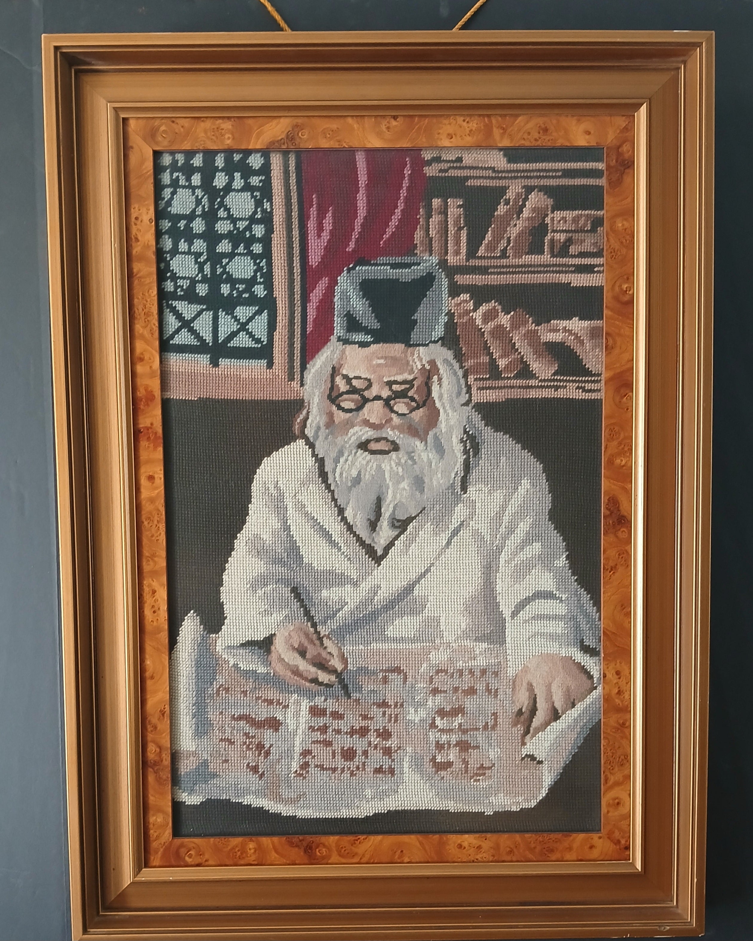 Large Vintage Judaic Needlepoint Rabbi Perusing Megilat Ester Scroll