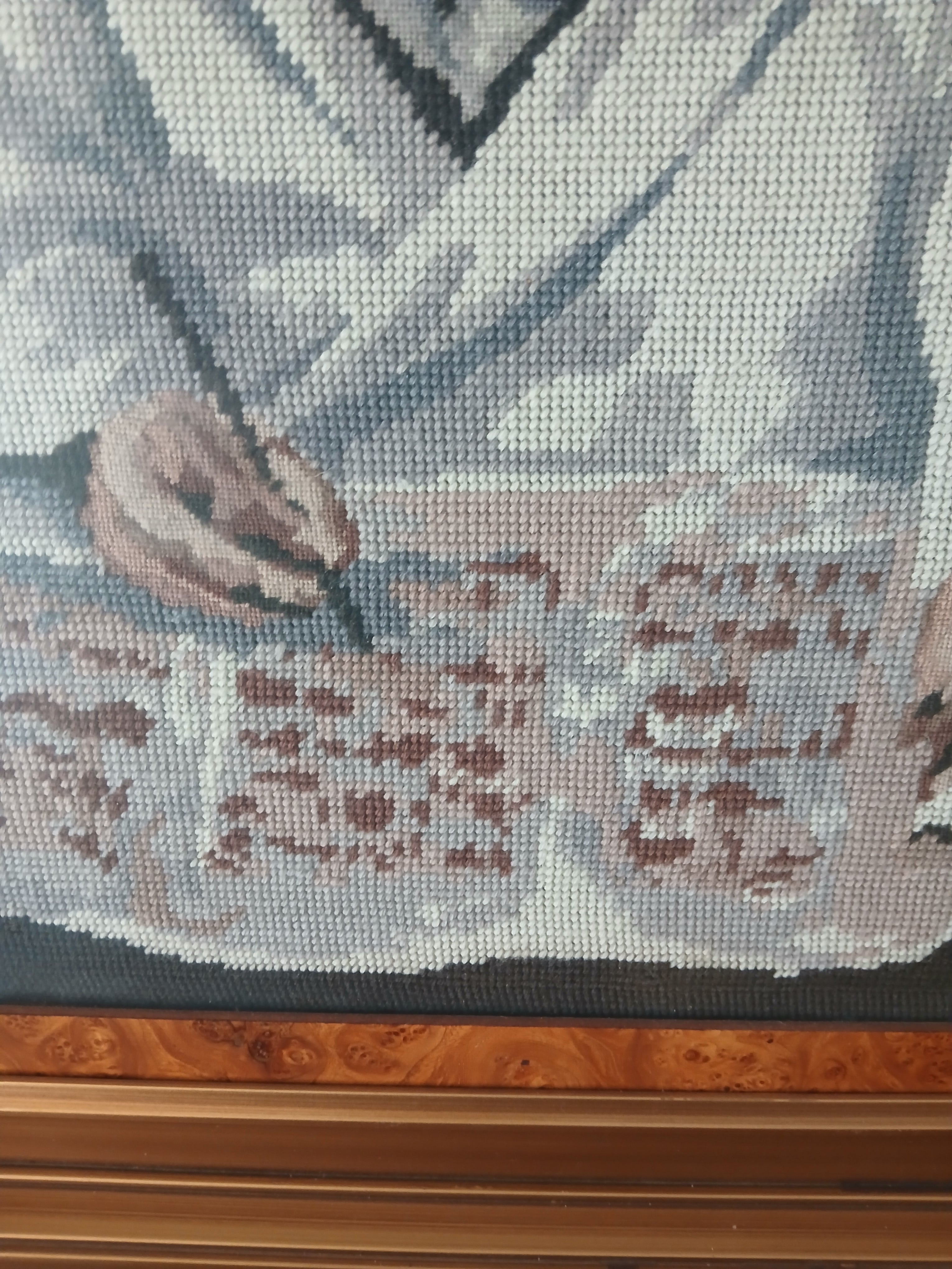 Large Vintage Judaic Needlepoint Rabbi Perusing Megilat Ester Scroll