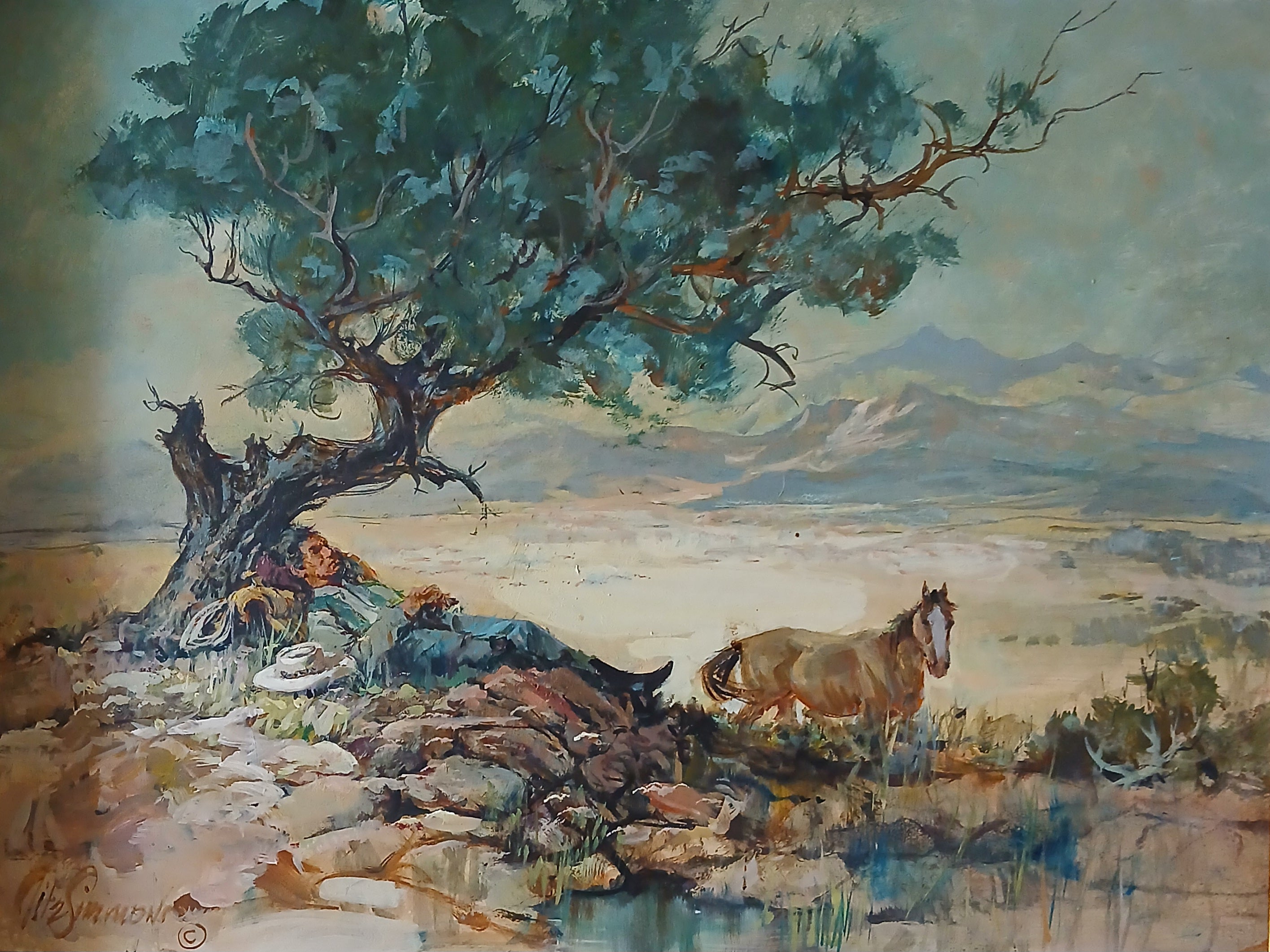 Western Oil on Board "Siesta" by Arthur Fitzsimmons Well-known Listed Artist