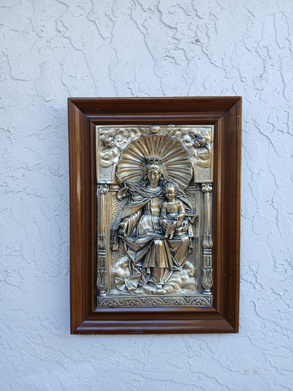 Inspiringly Beautiful Repousse Metal Plaque of Our Lady of Mt. Carmel 1940s