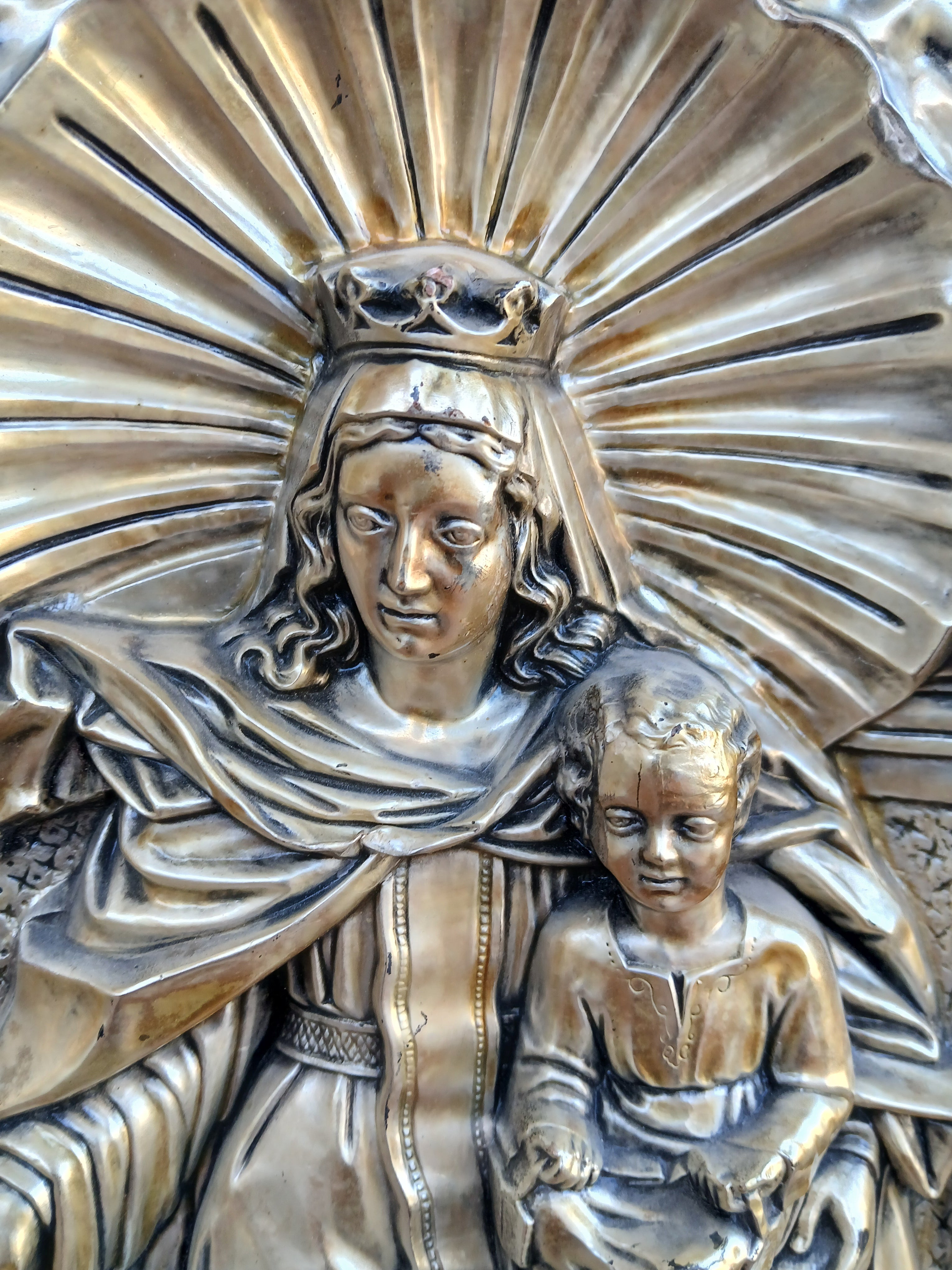 Inspiringly Beautiful Repousse Metal Plaque of Our Lady of Mt. Carmel 1940s