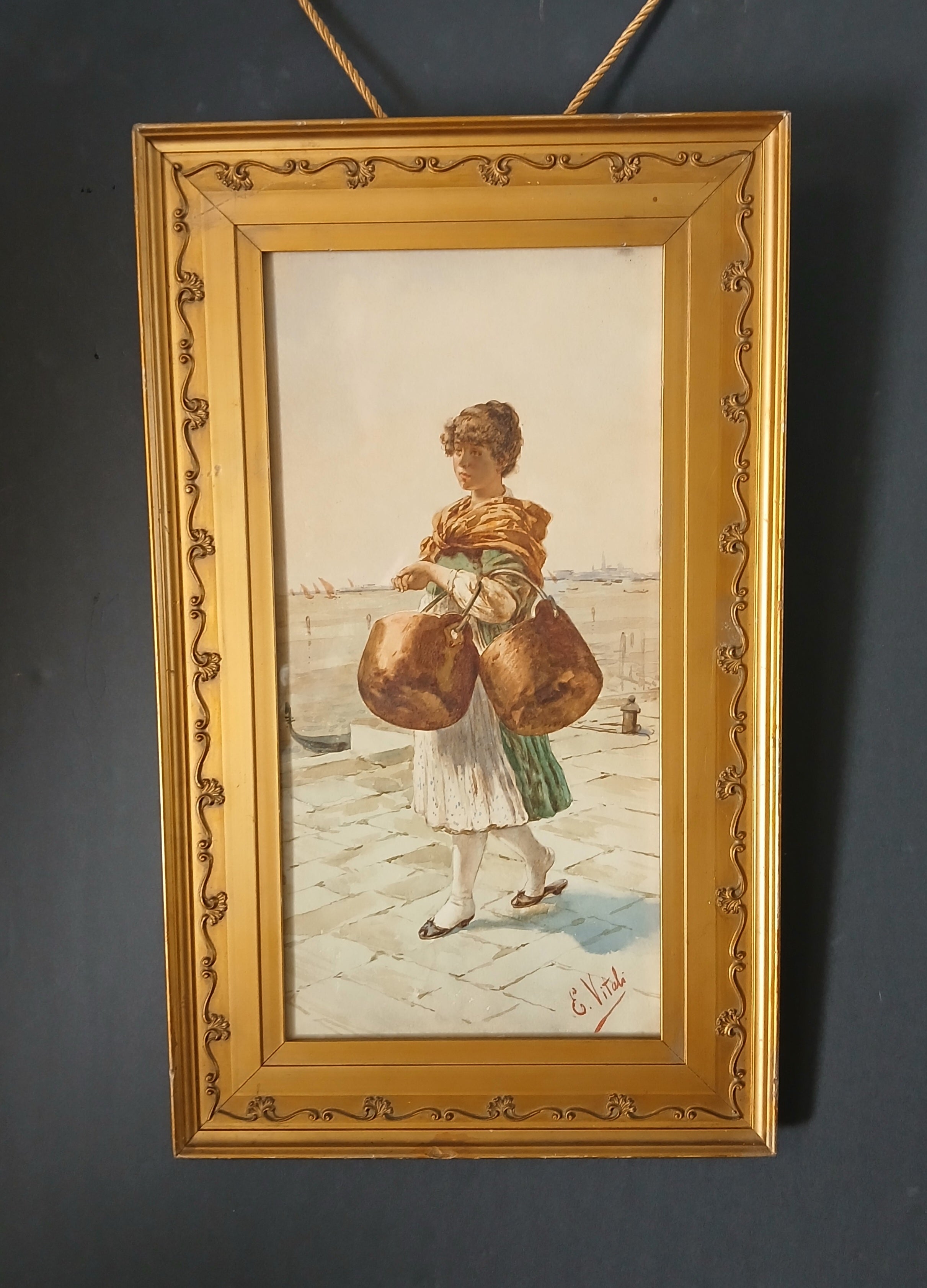 Edouardo Vitali Listed Artist watercolor - Girl Walking by the Venetian Lagoon