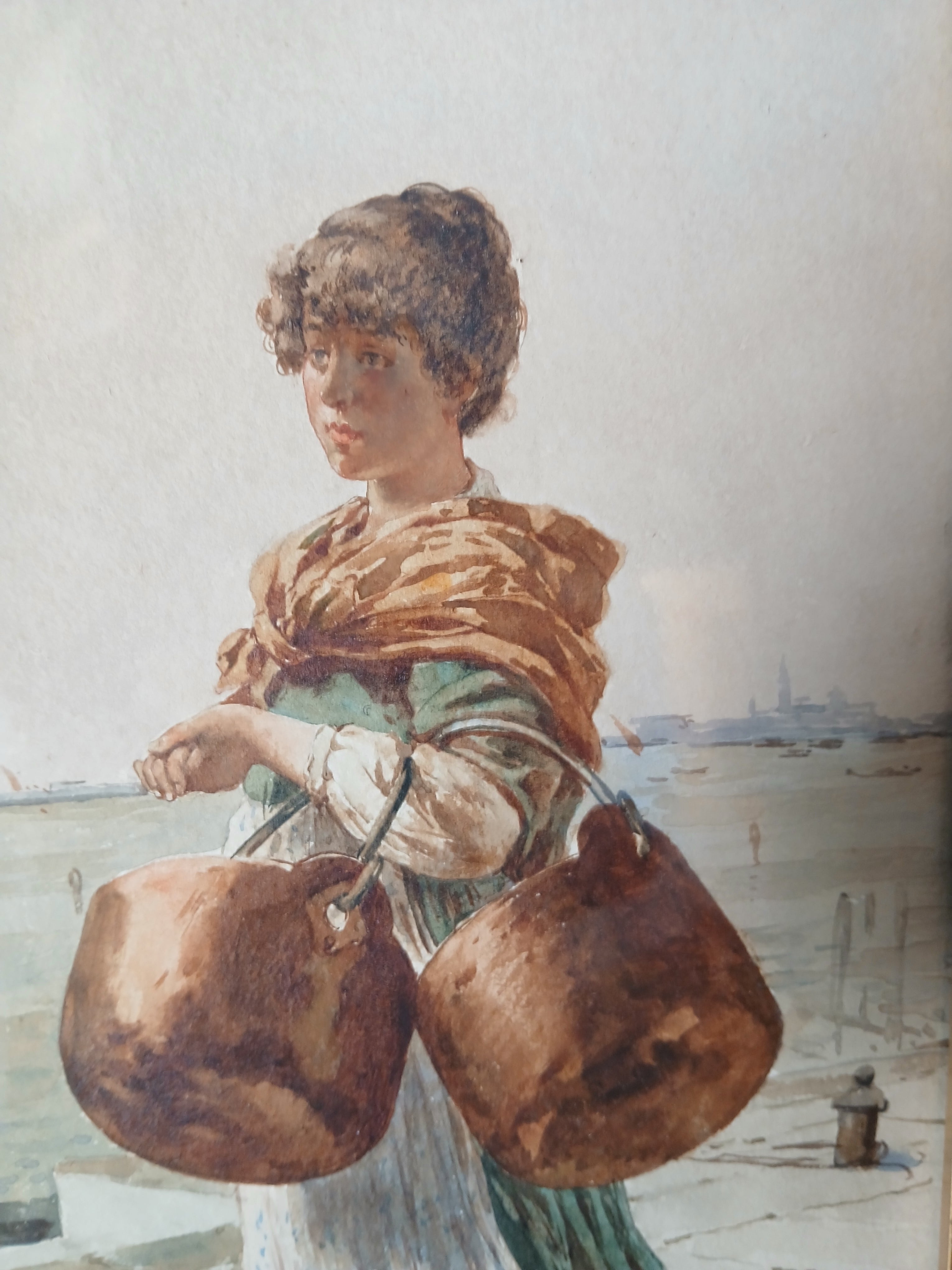 Edouardo Vitali Listed Artist watercolor - Girl Walking by the Venetian Lagoon