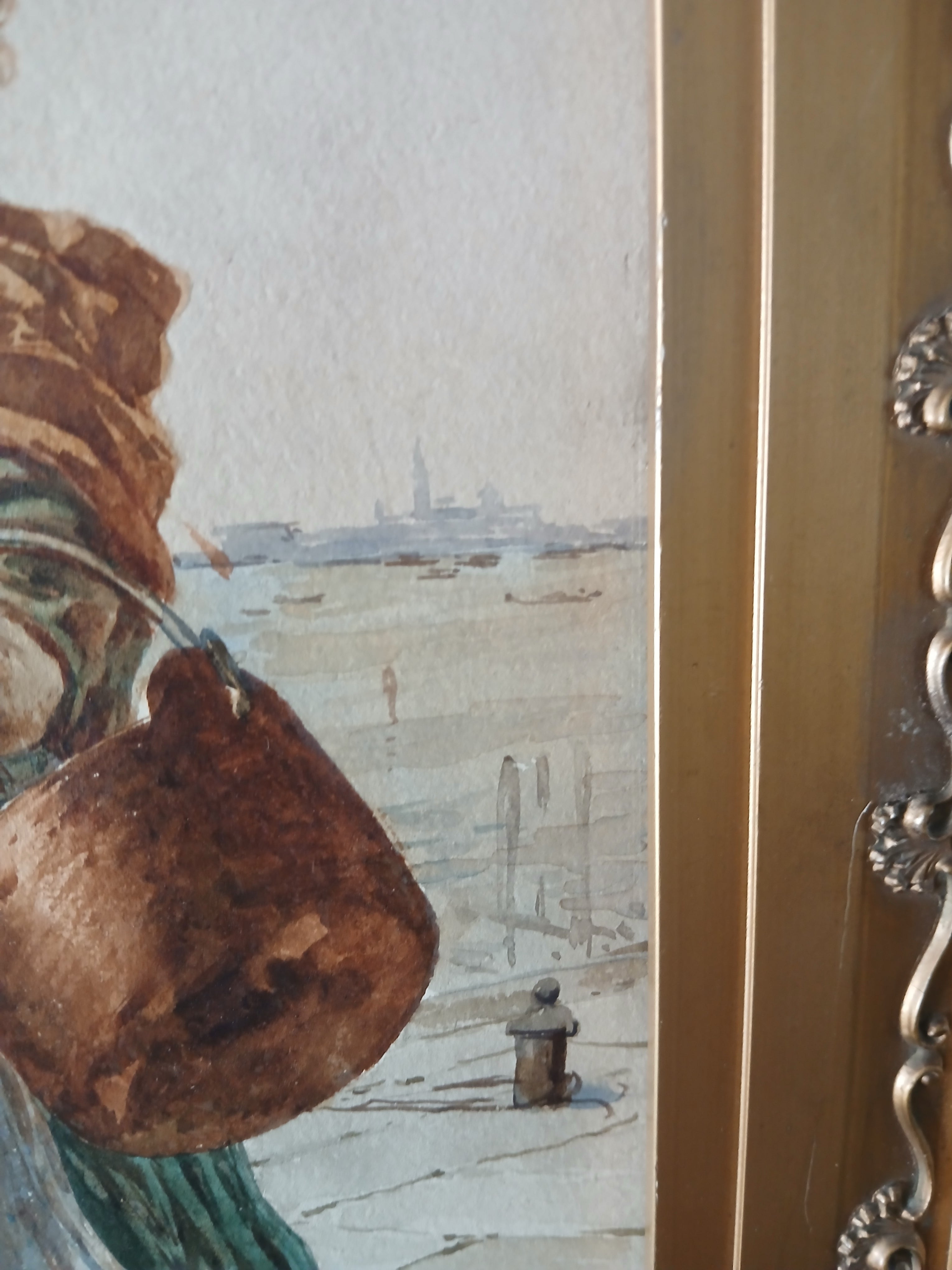 Edouardo Vitali Listed Artist watercolor - Girl Walking by the Venetian Lagoon