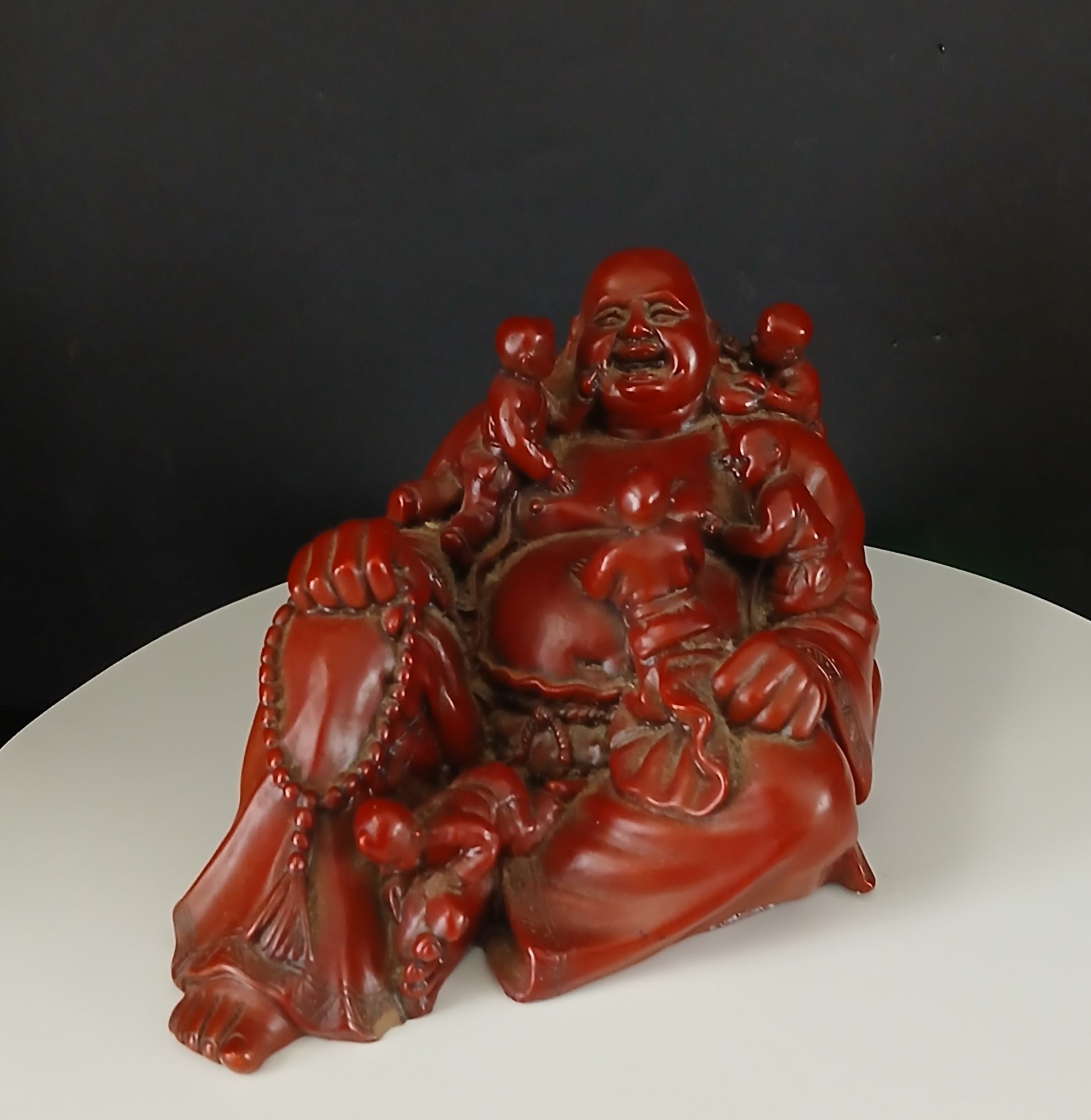 Vintage Laughing Buddha with Children Red Resin