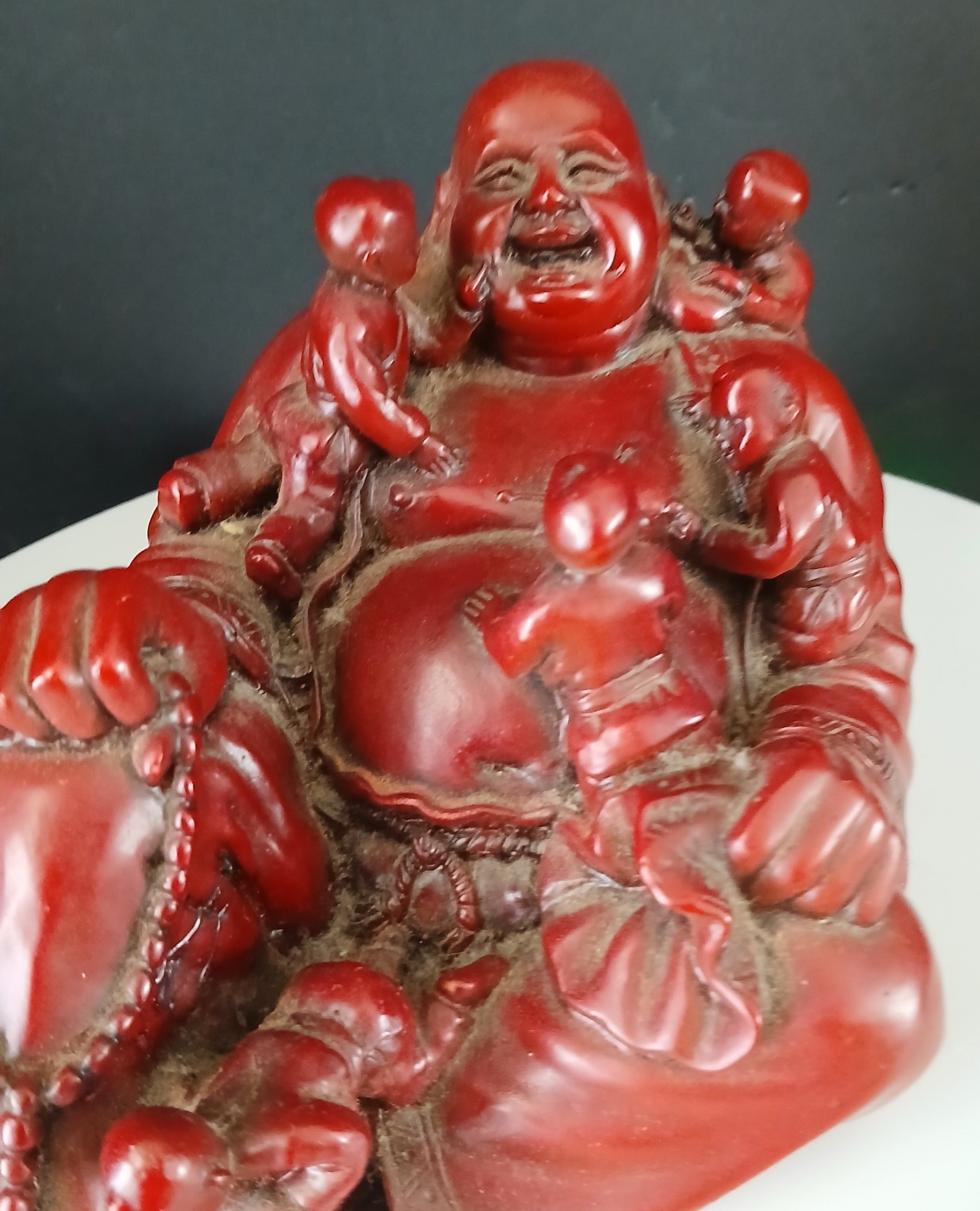 Vintage Laughing Buddha with Children Red Resin