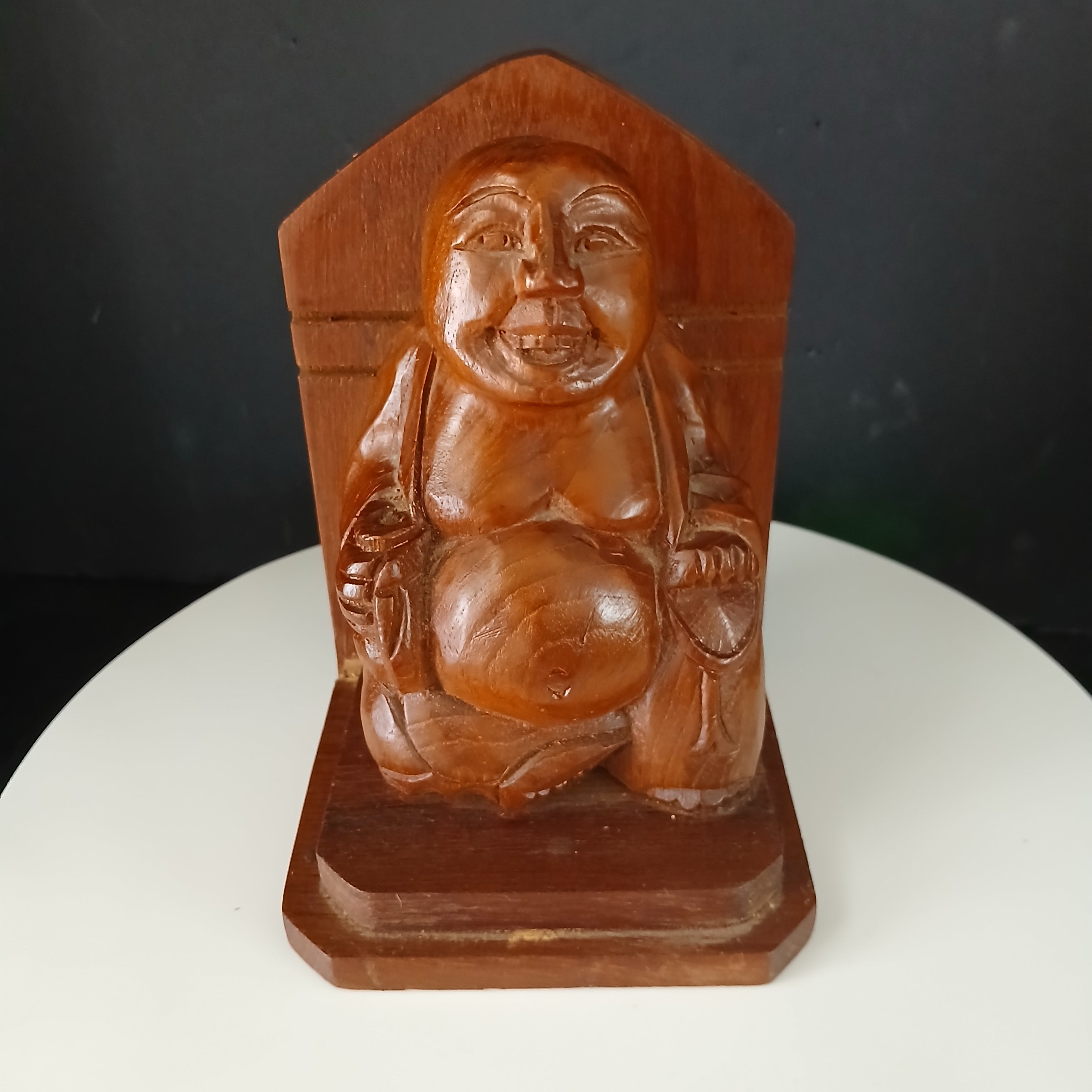 Vintage Hand-Carved Teak Smiling Buddha from Thailand