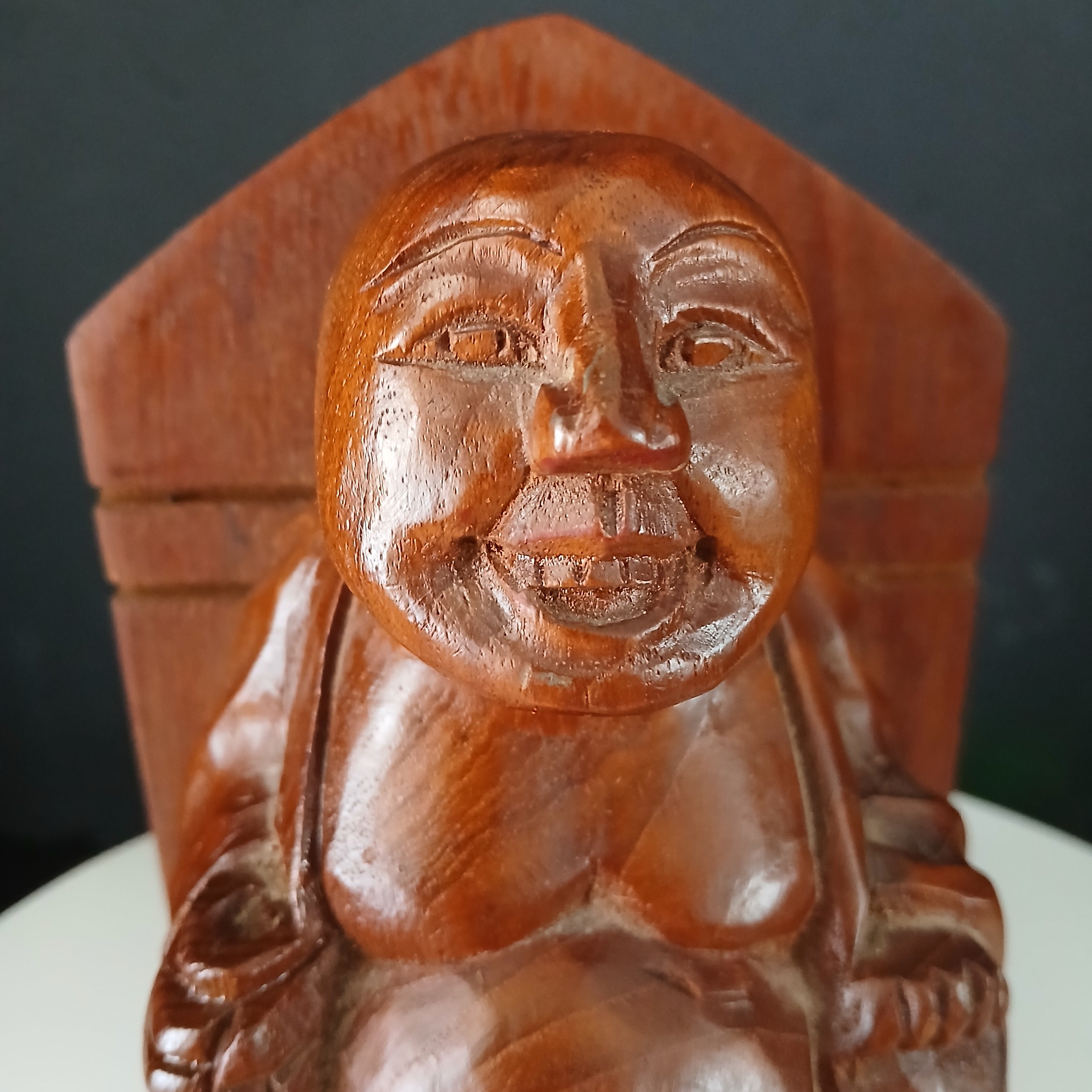 Vintage Hand-Carved Teak Smiling Buddha from Thailand