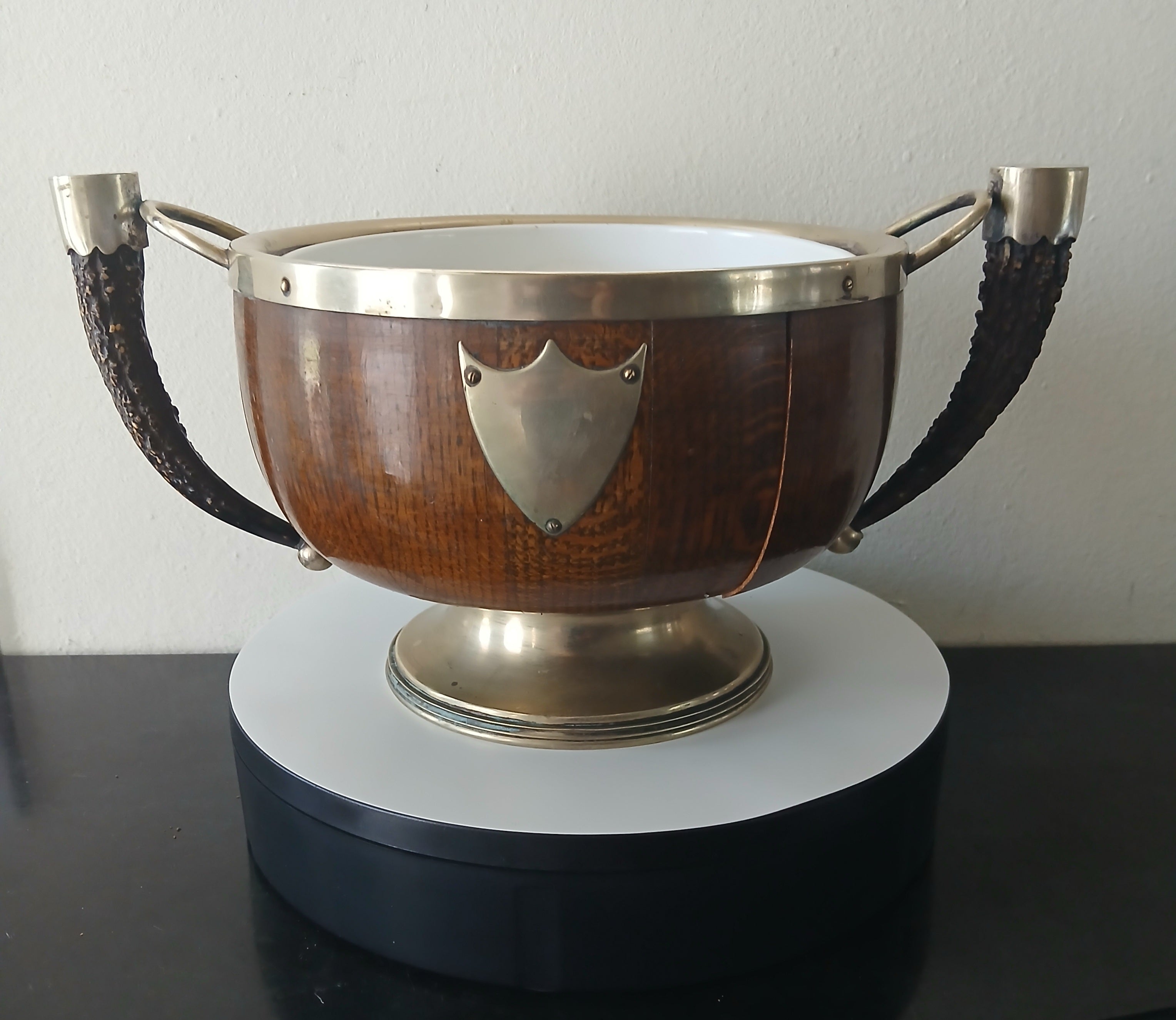 Rare Antique English Oak Trophy Bowl w Brass Fittings and Stag Horn Handles