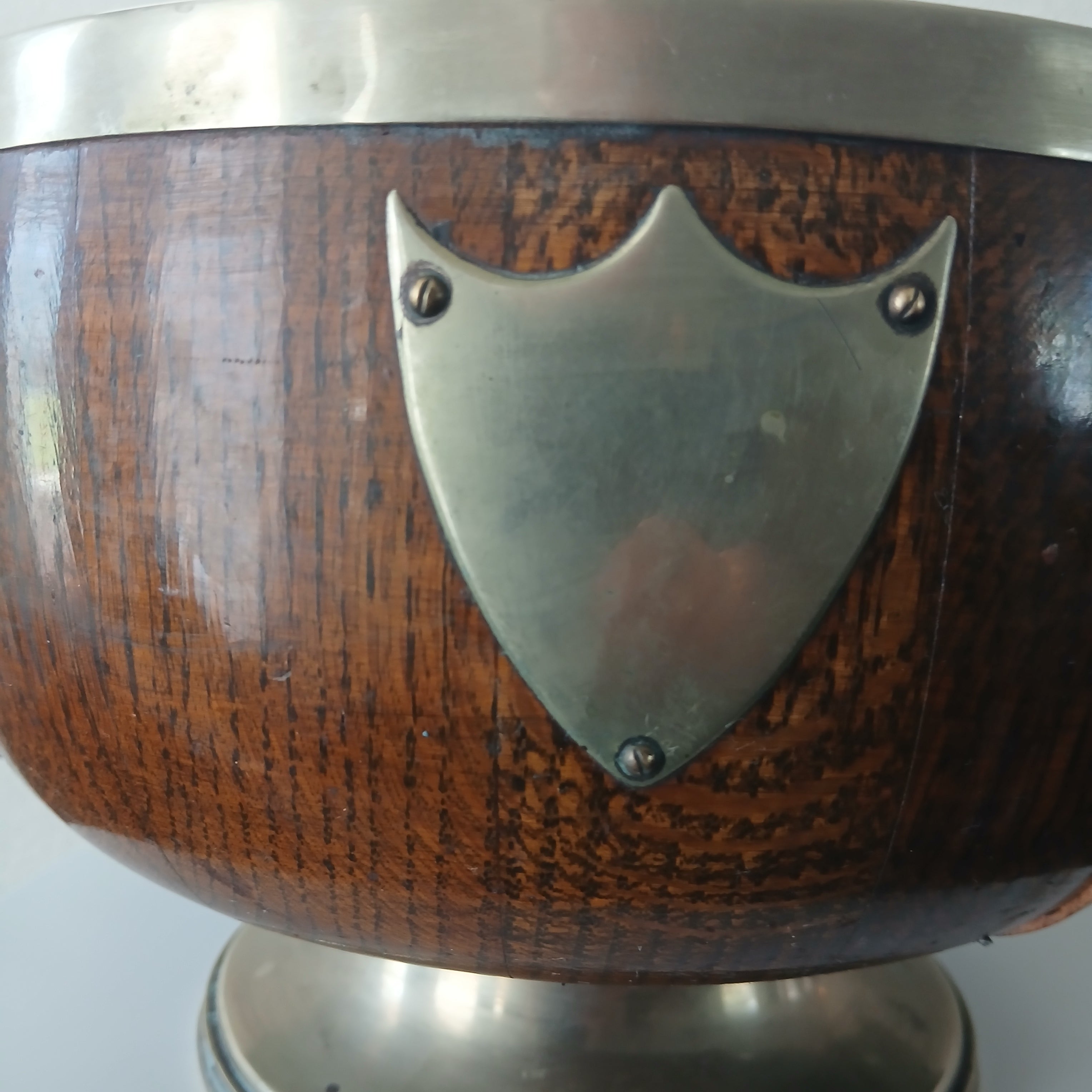 Rare Antique English Oak Trophy Bowl w Brass Fittings and Stag Horn Handles